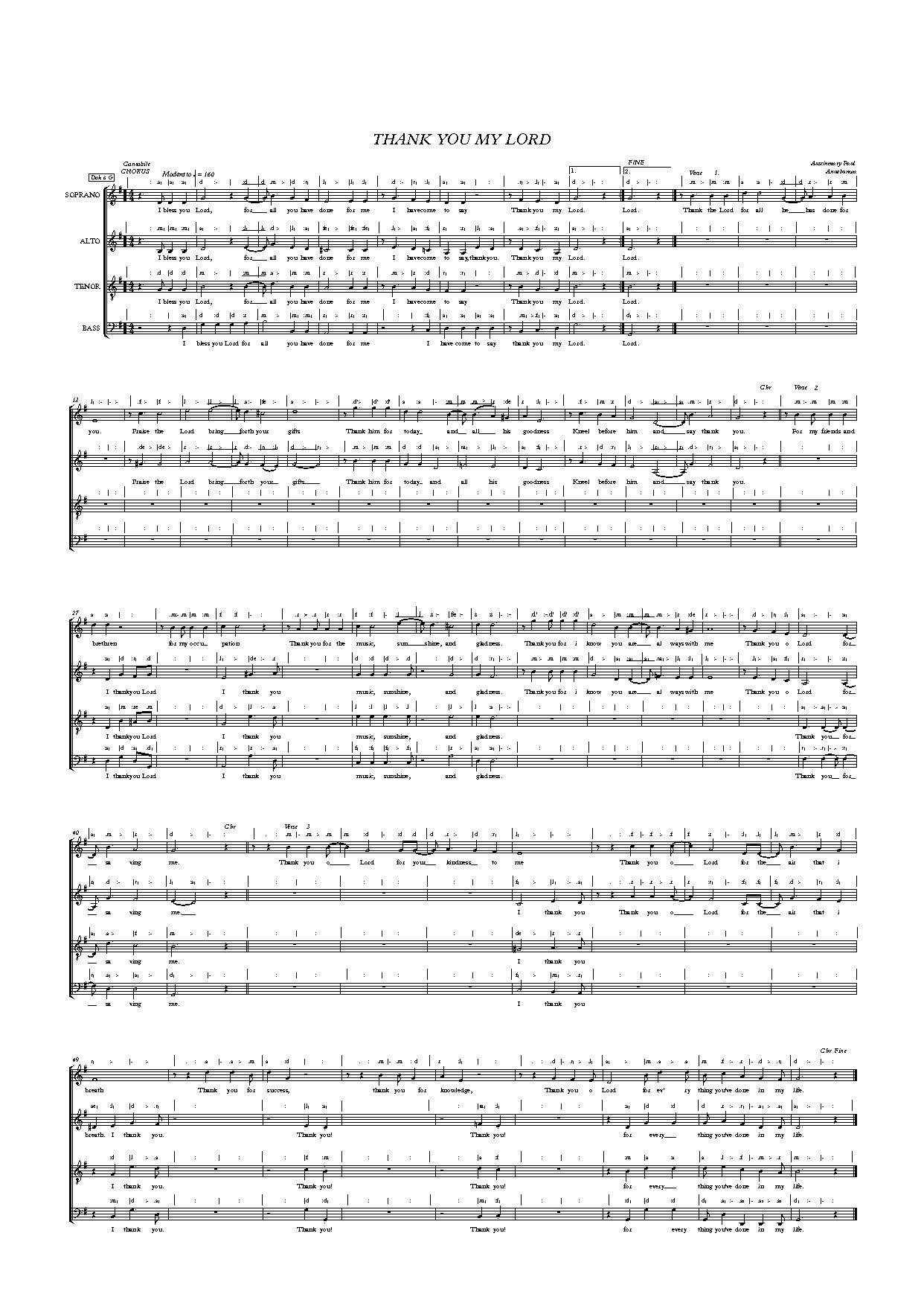 Thank You My Lord - Full Score - Download Choir Script PDF