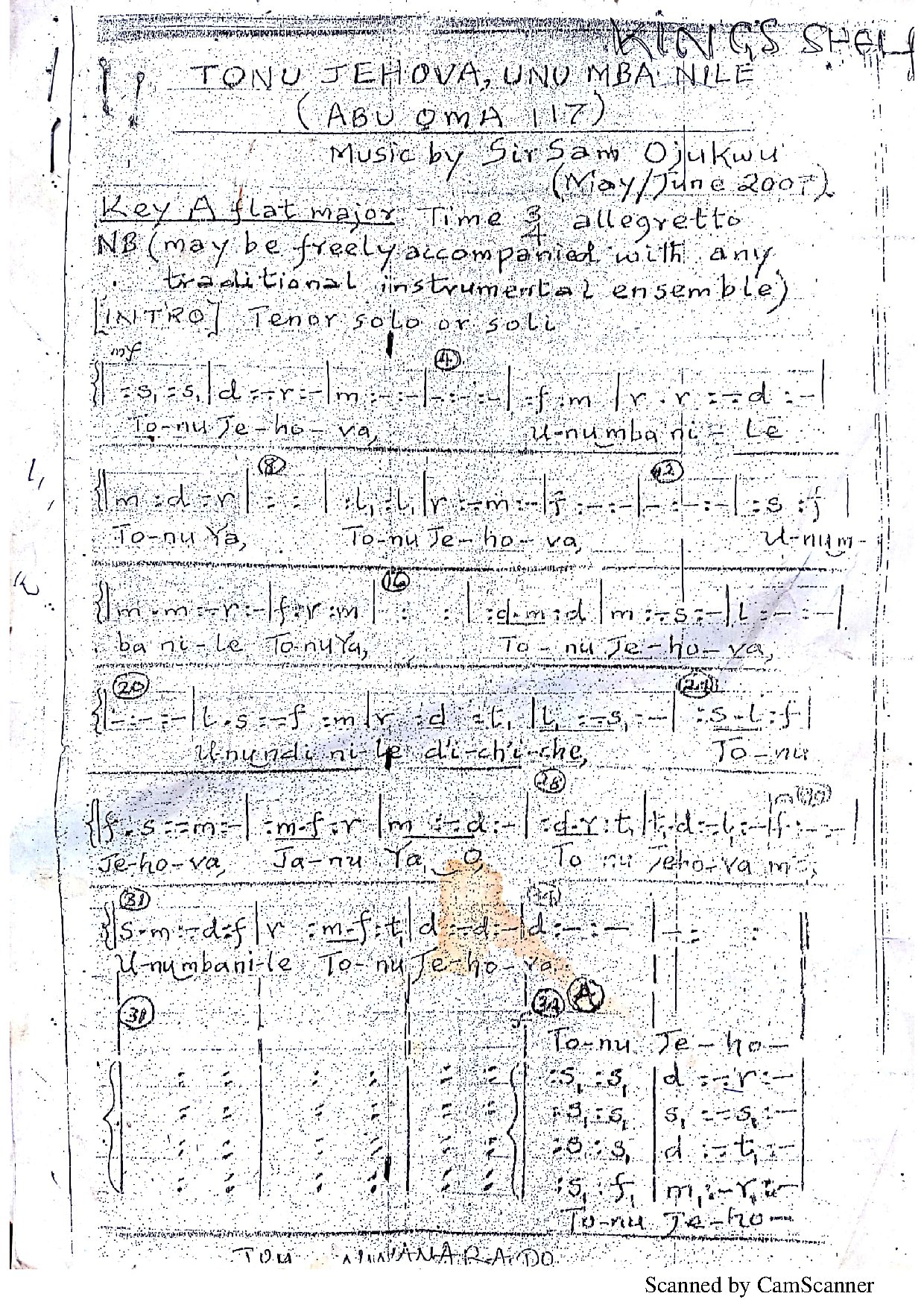 Tonu Jehova By Sir Sam Ojukwu - Download Choir Script PDF
