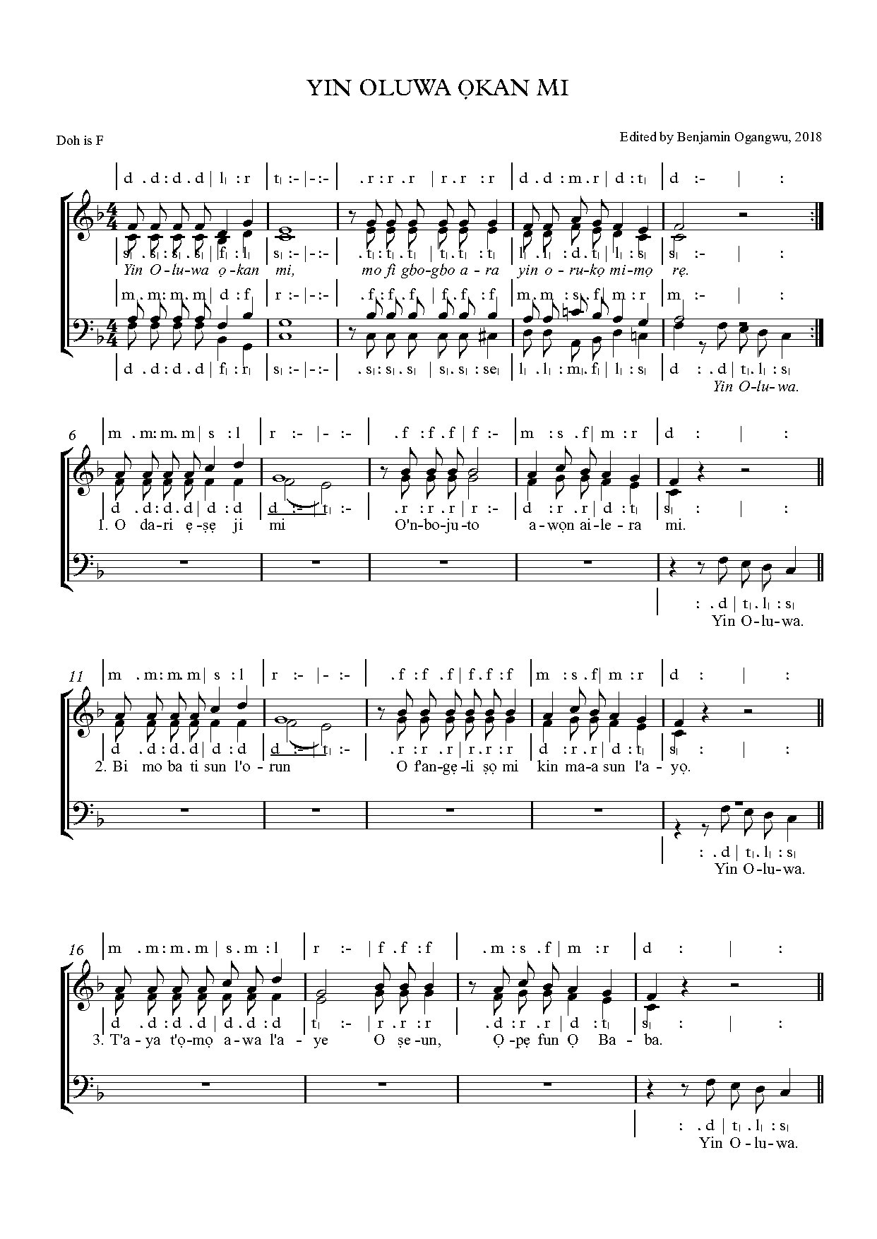 Yin Oluwa Okan Mi - Download Choir Script PDF