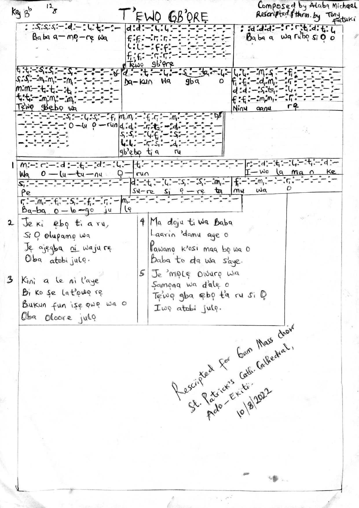 Tewo Gb Ore - Alaba Michael - Download Choir Script PDF