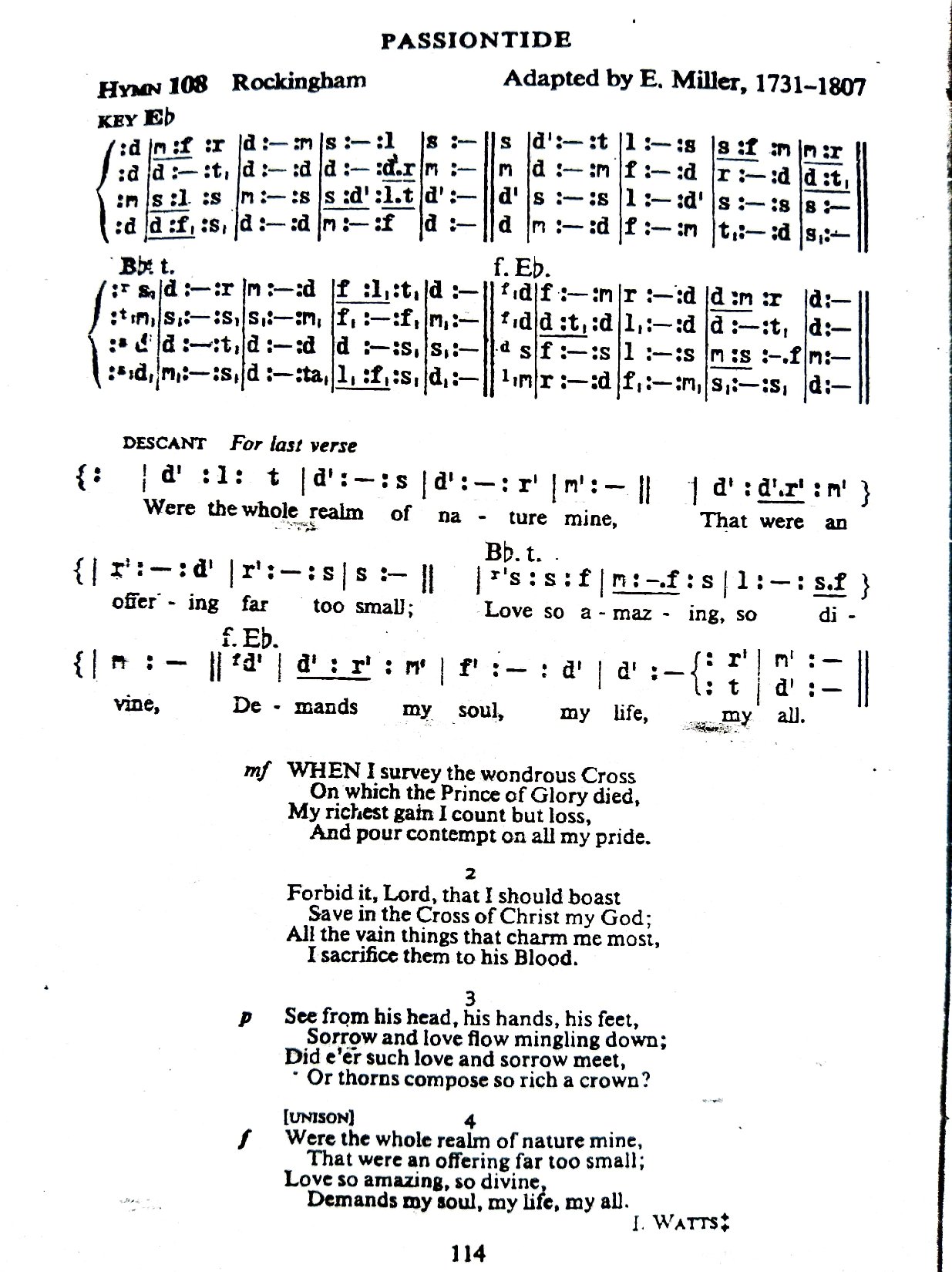 When I Survey With Descant. From A & M No. 108.adapted By E. Miller. Rockingham Tune. - Download Choir Script PDF