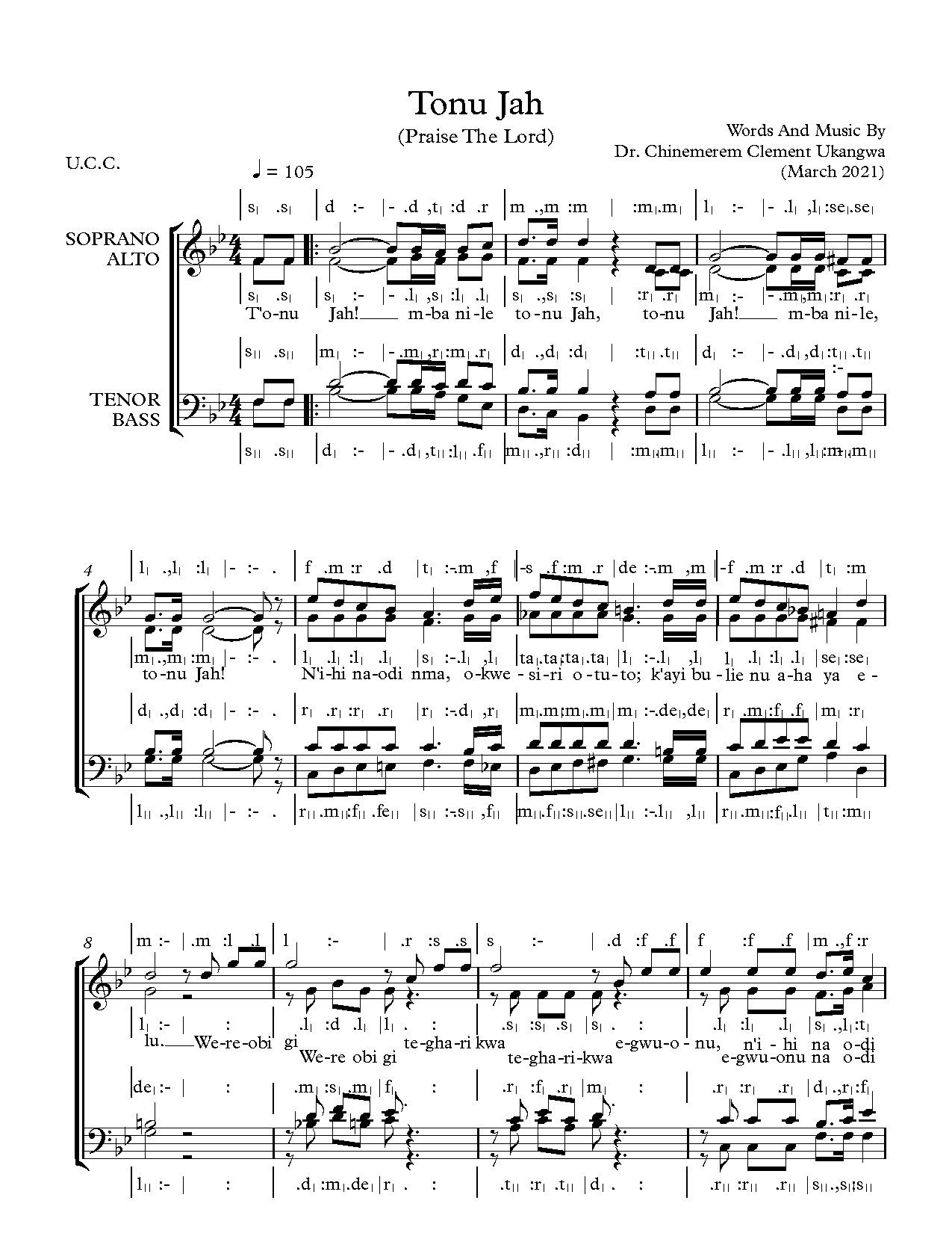 Tonu Jehova Solfa Notation - Full Score - Download Choir Script PDF