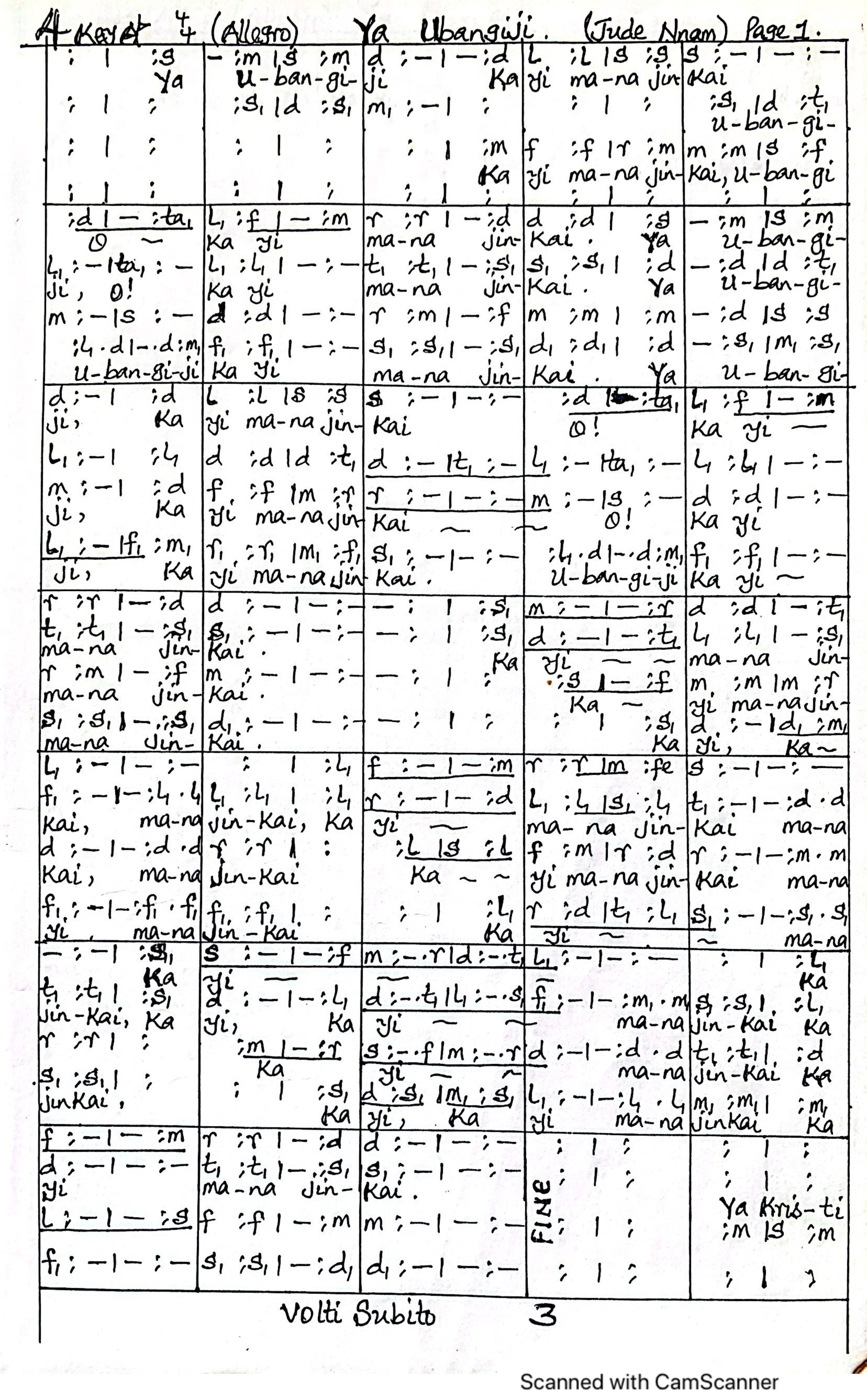 Ya Unabgiji - Jude Nnam - Download Choir Script PDF