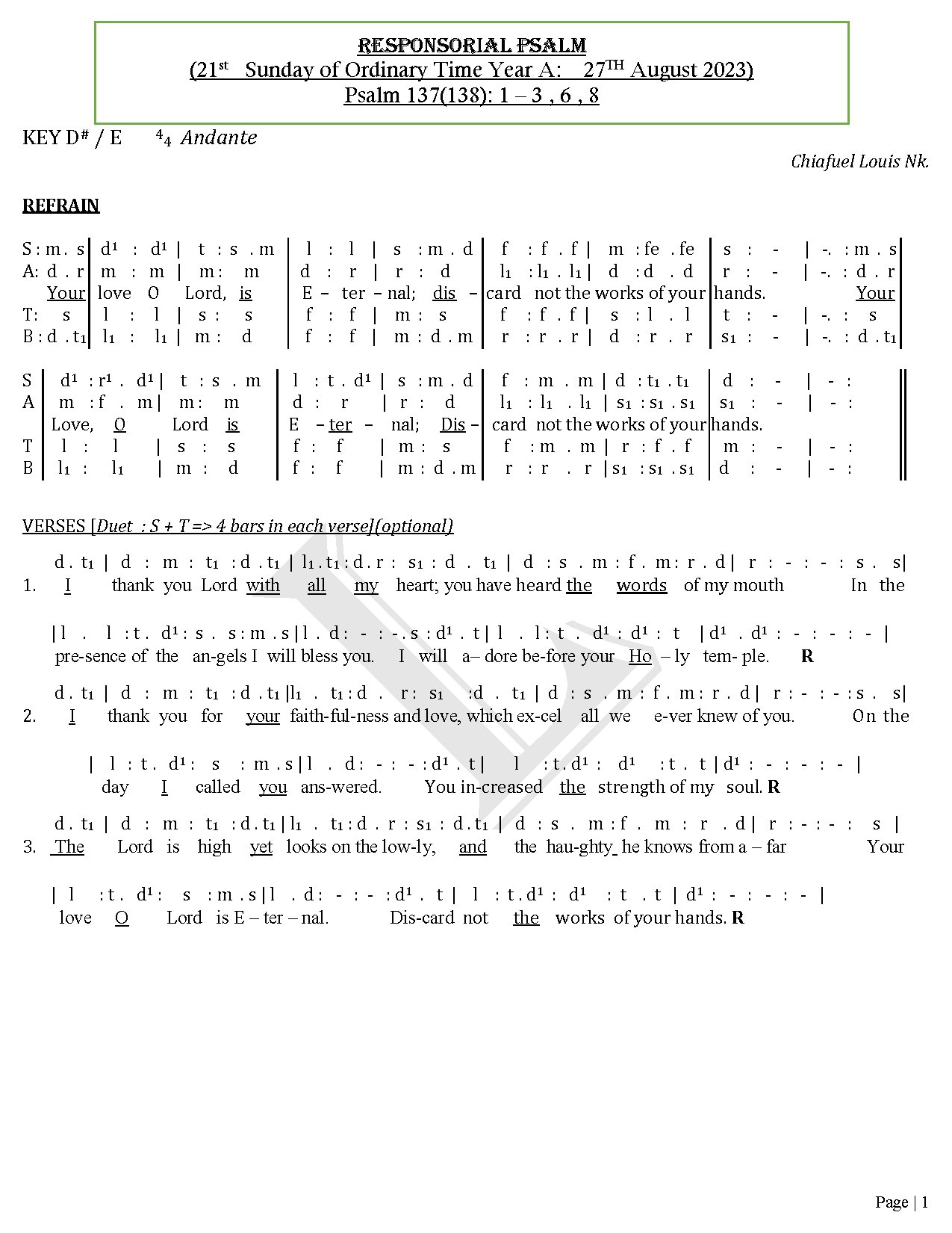Your Word O Lord Is Eternal ( 21st Sunday Of Ordinary Time, Year A) - Download Choir Script PDF