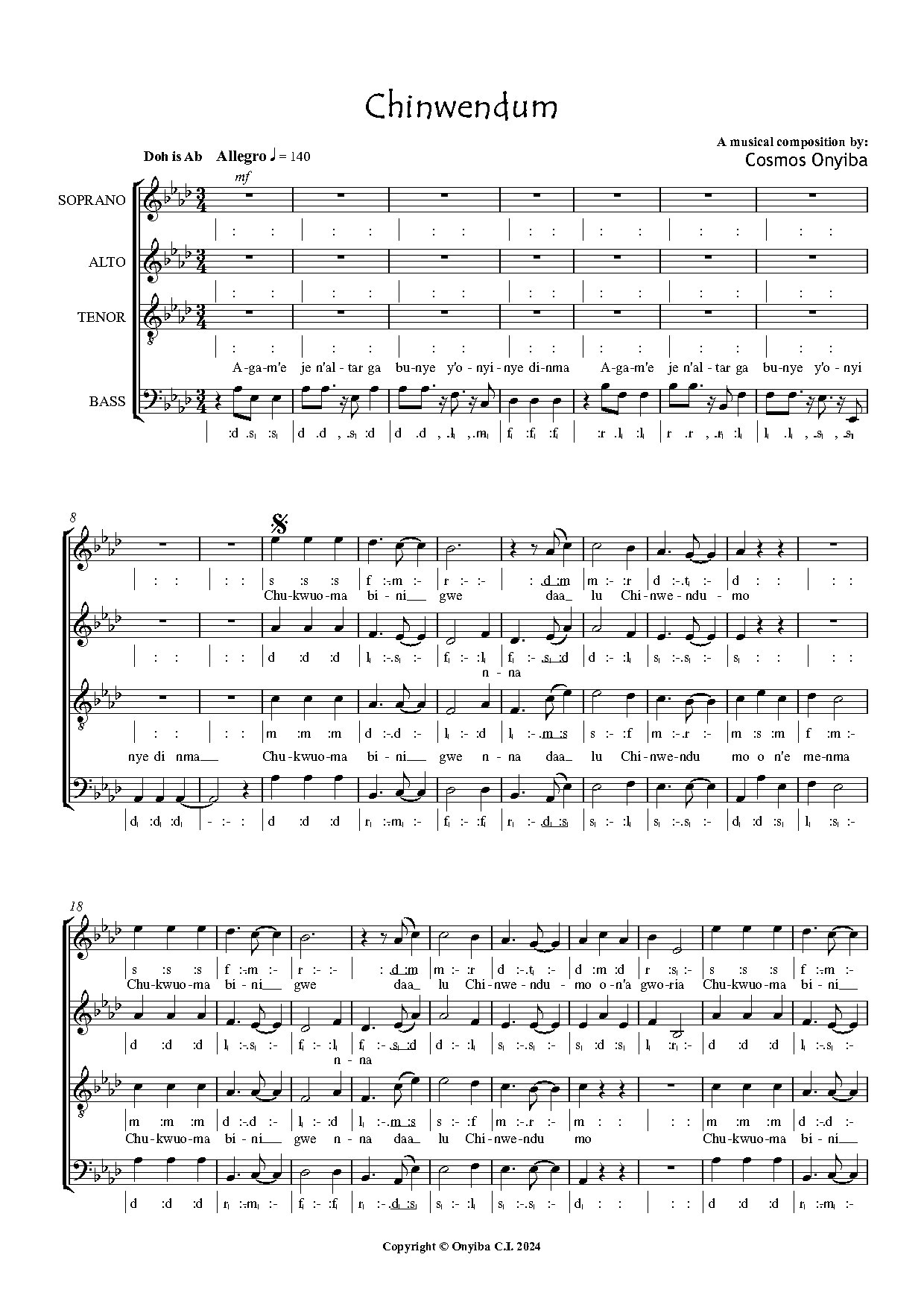 Chinwendum (an Igbo Thanksgiving Song) By Cosmos Onyiba - Download Choir Script PDF