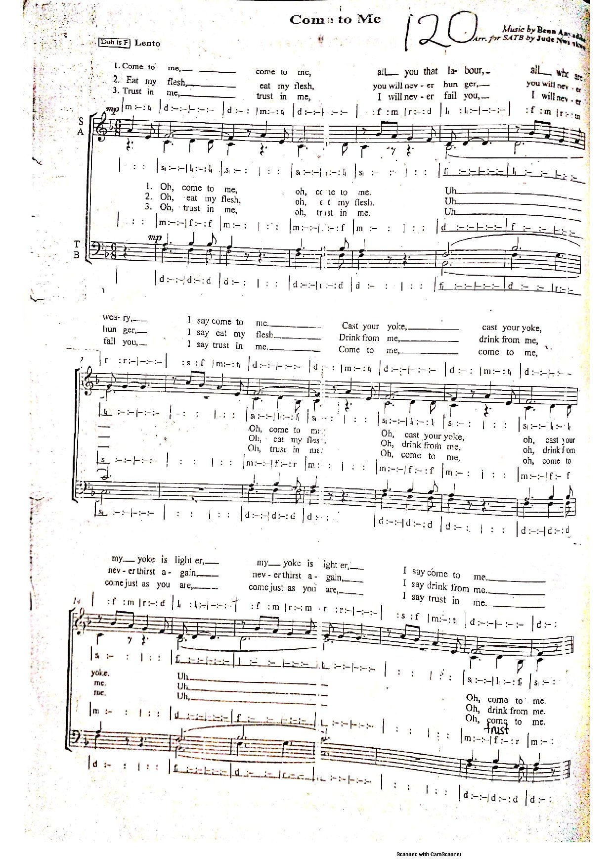 Come To Me Arr. Jude Nwankwo - Download Choir Script PDF