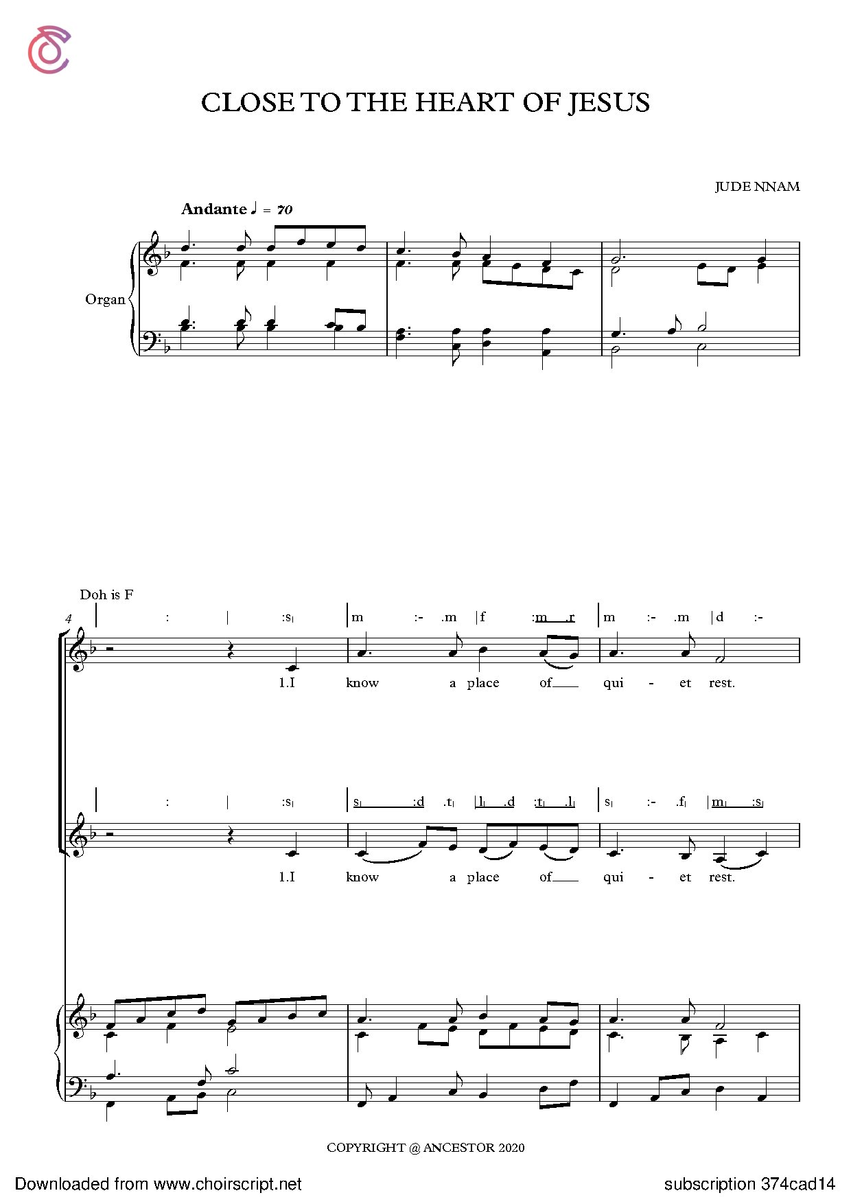Close To The Heart Of Jesus By Jude Nnam - Download Choir Script PDF
