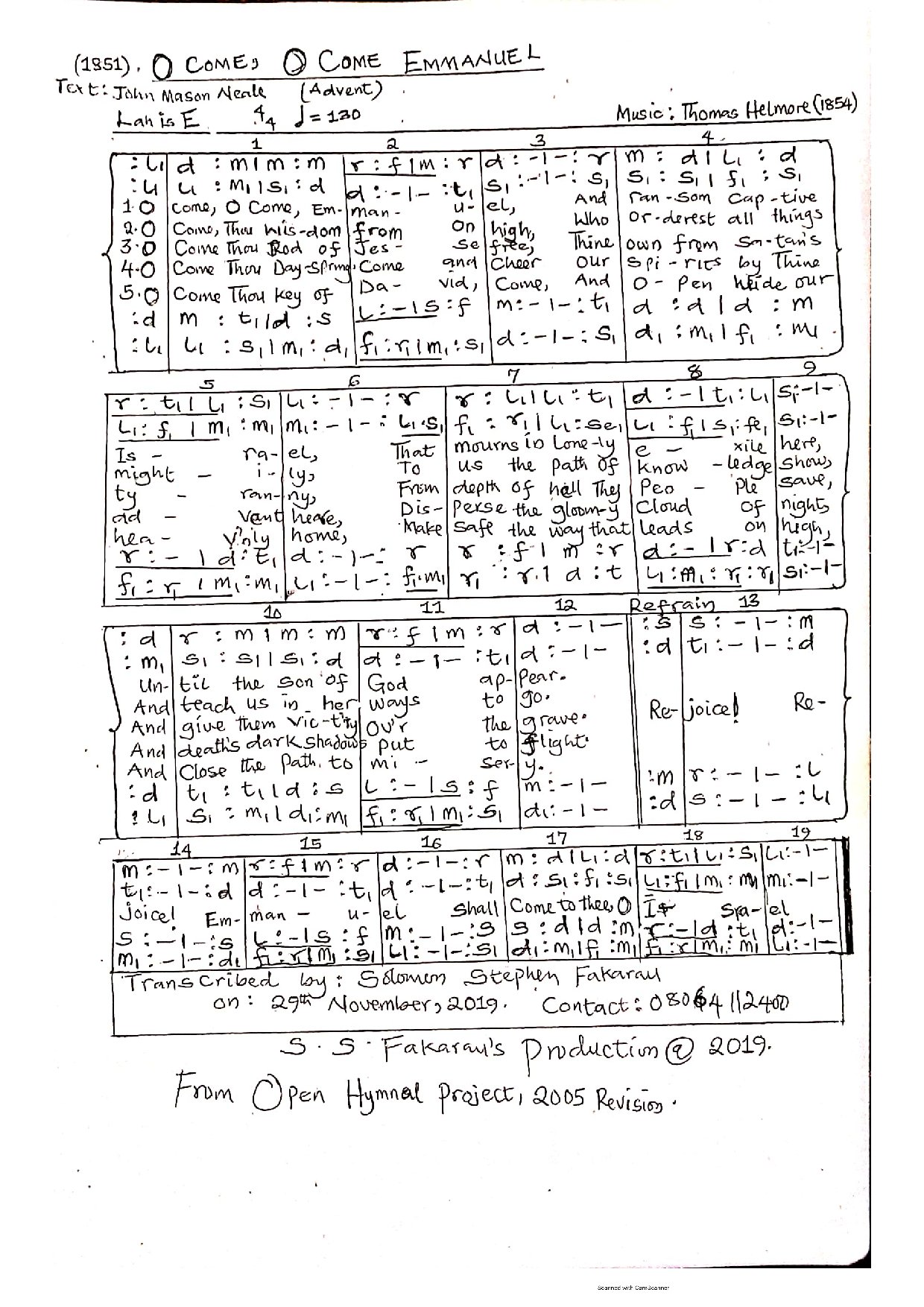 (Xmas) O Come Emmanuel - Thomas Helmore - Download Choir Script PDF