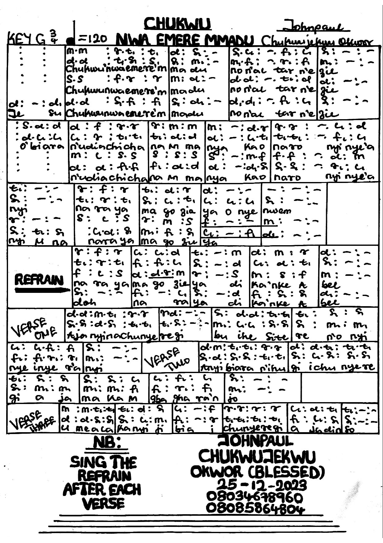Chukwu Nwa Emere Mmadu (consecration) - Download Choir Script PDF