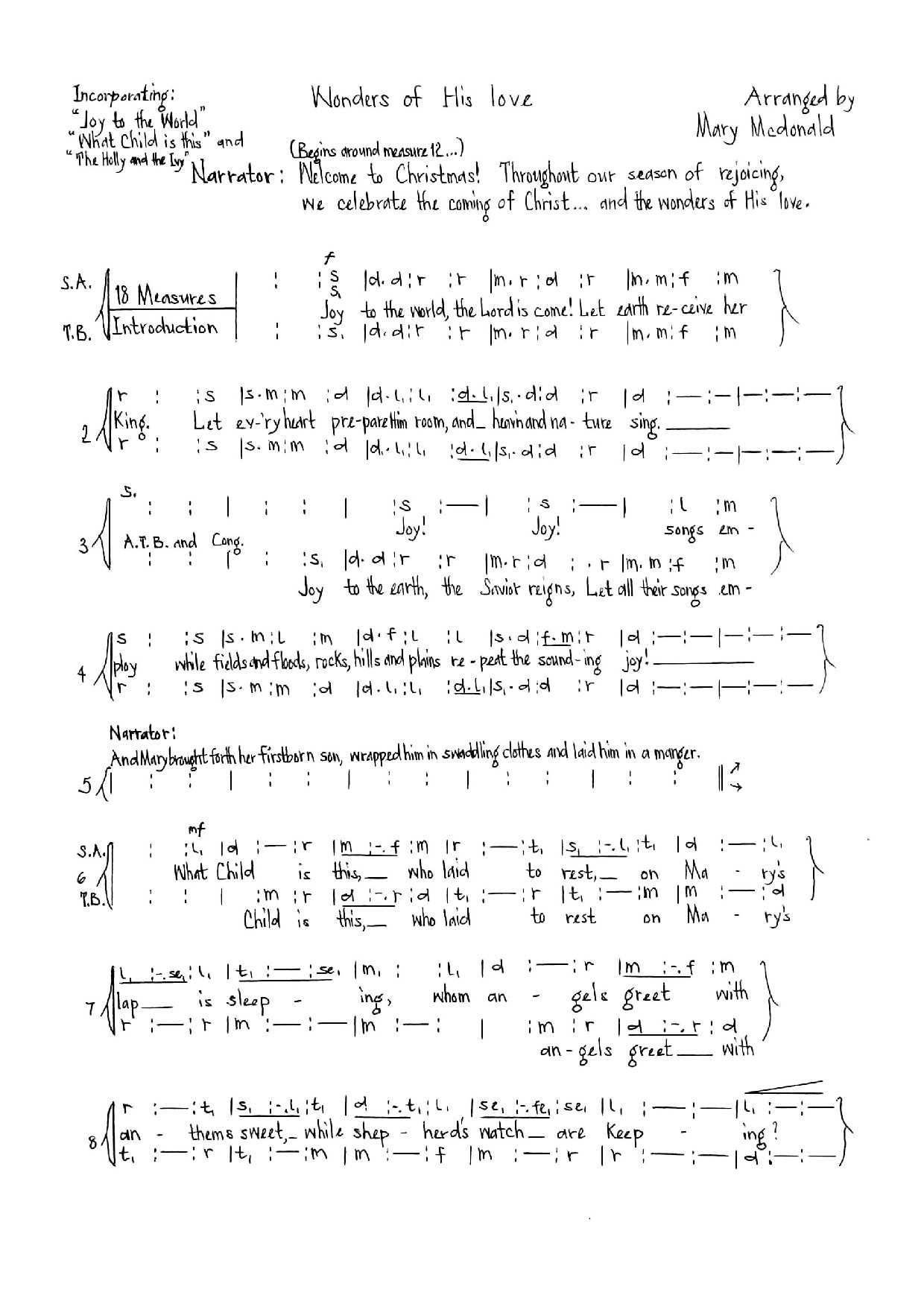 (Xmas) Wonders Of His Love - Mcdonald - Download Choir Script PDF