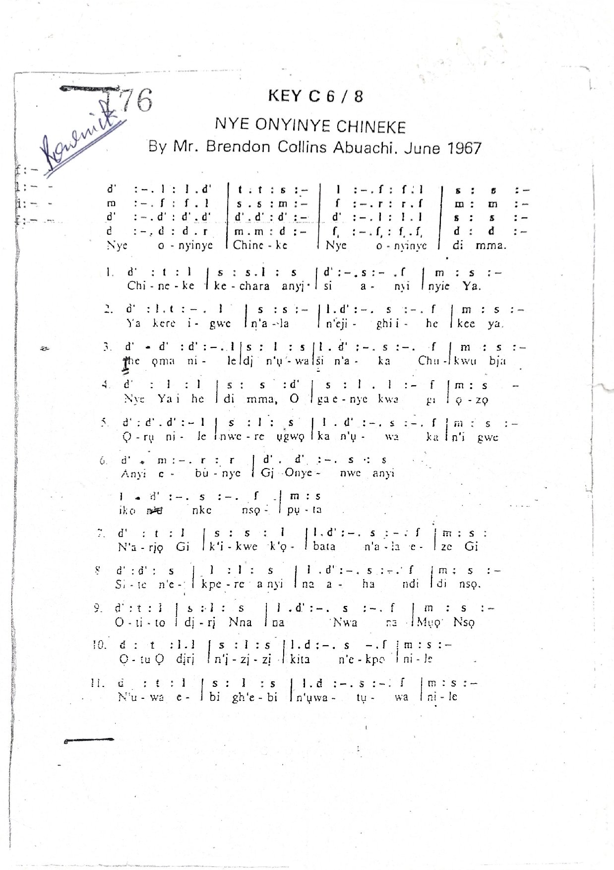 Nye Onyinye Chineke - Download Choir Script PDF