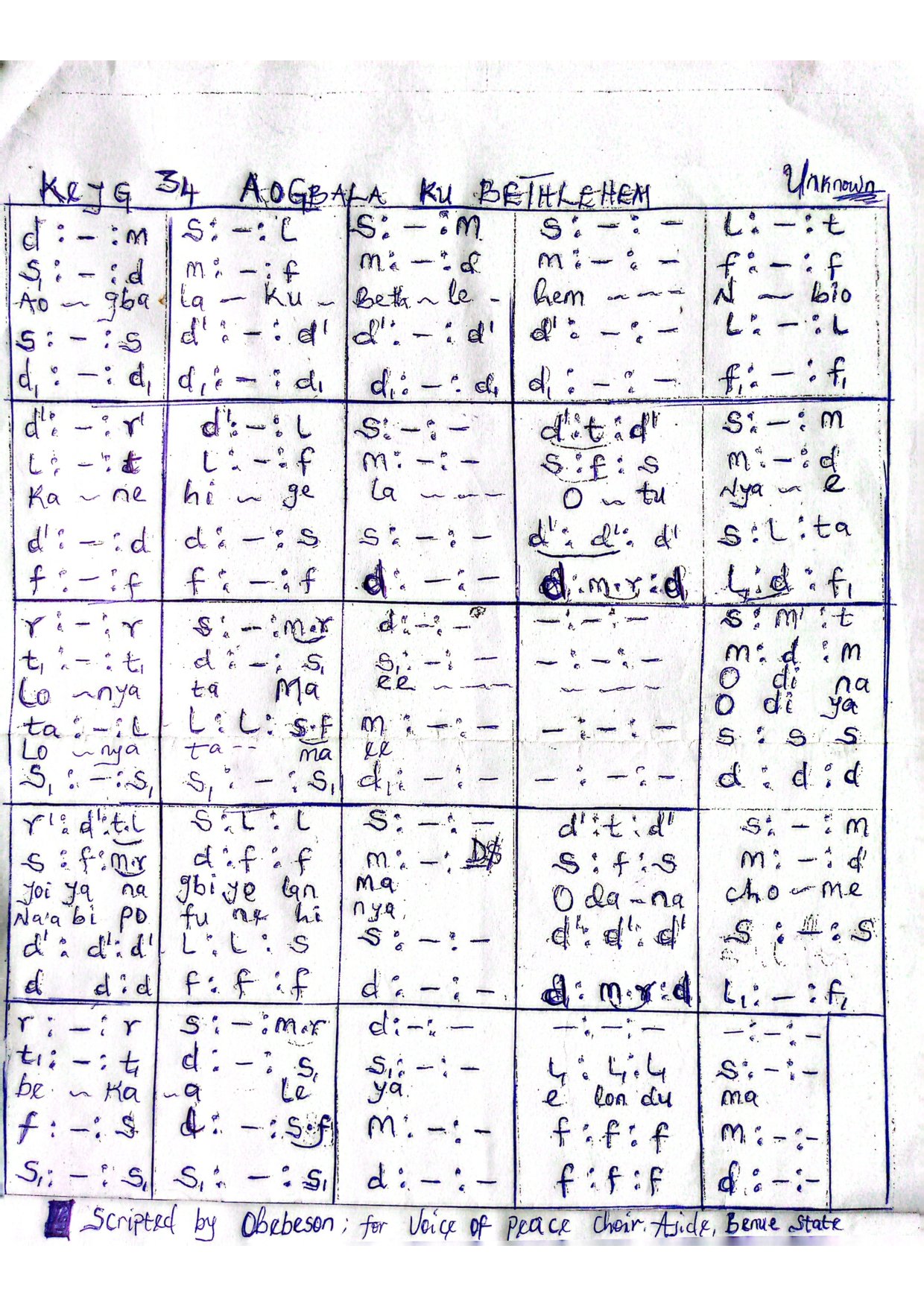 (Xmas) Aogbala Ko Bethlehem - - Download Choir Script PDF