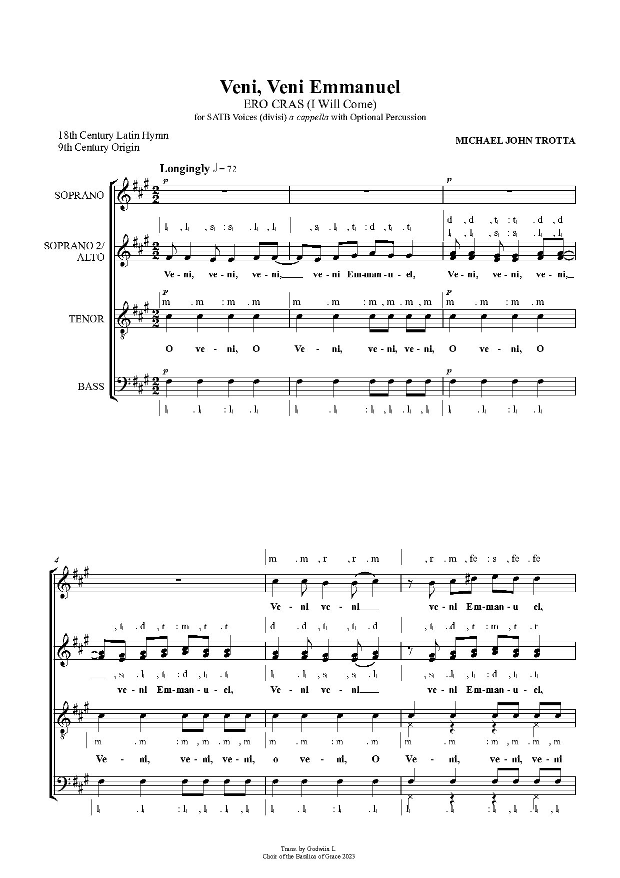 (Xmas) Veni, Veni Emmanuel - Michael John Trotta (transcribed) - Download Choir Script PDF