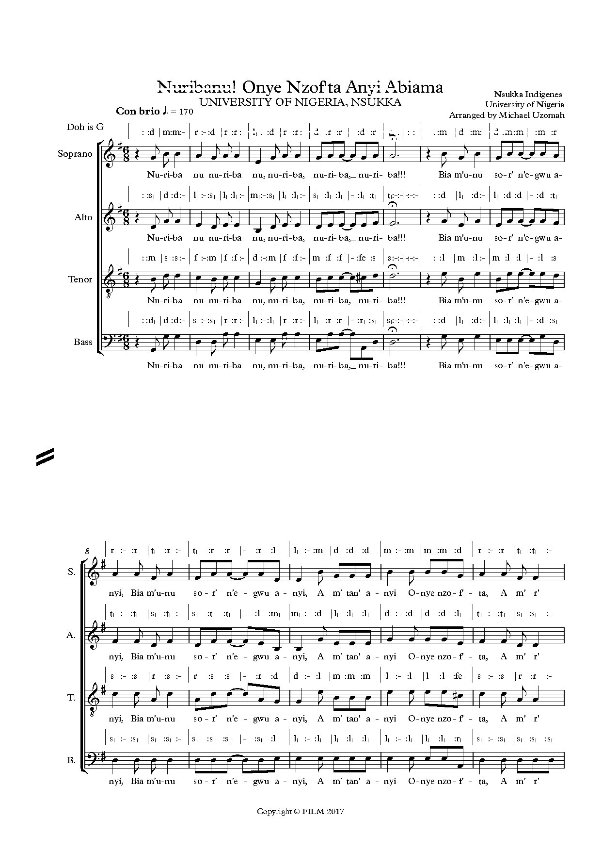 (Xmas) Nsukka Christmas Song - Full Score - Download Choir Script PDF