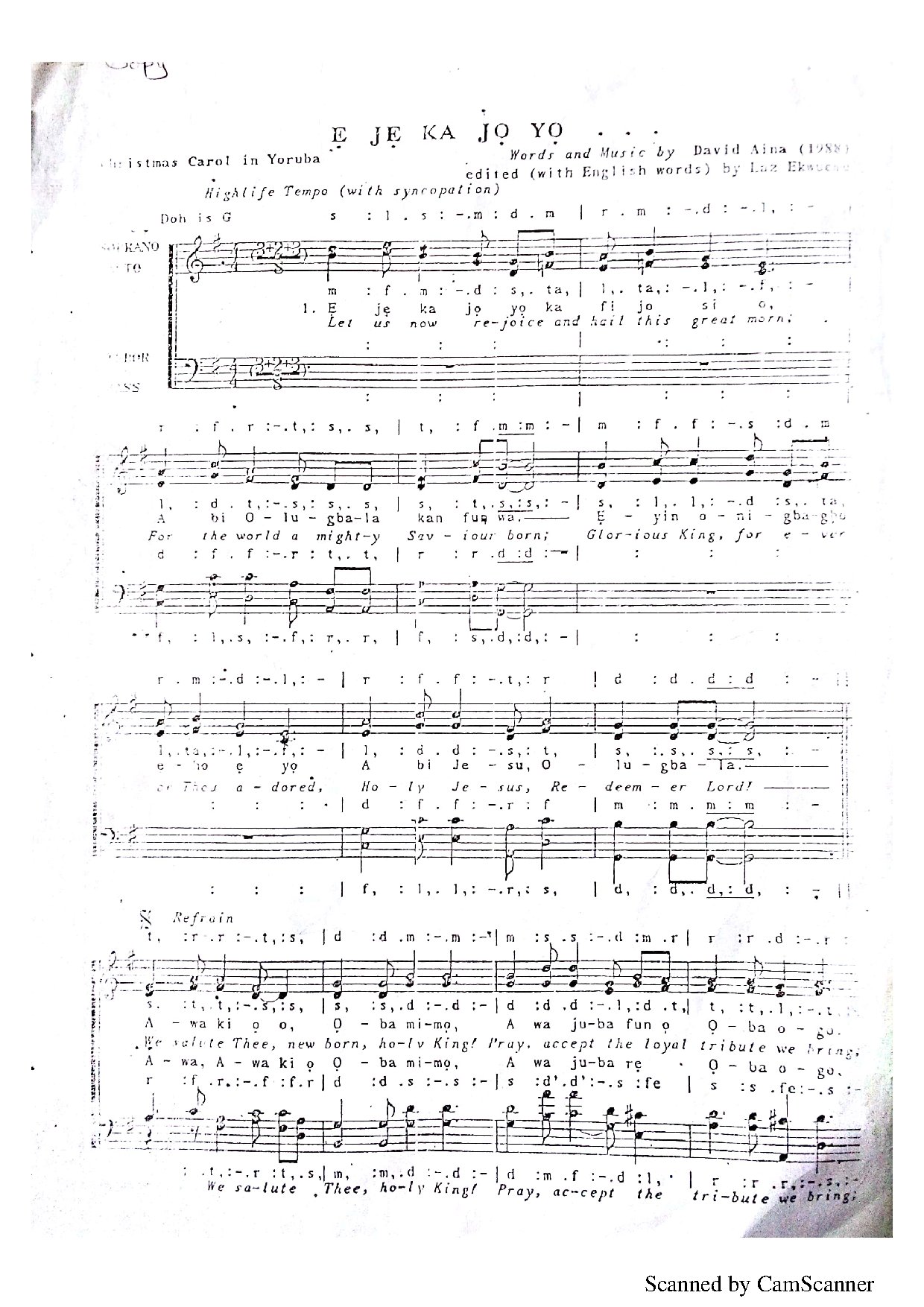 (Xmas) Ejekalo - David Aina - Download Choir Script PDF