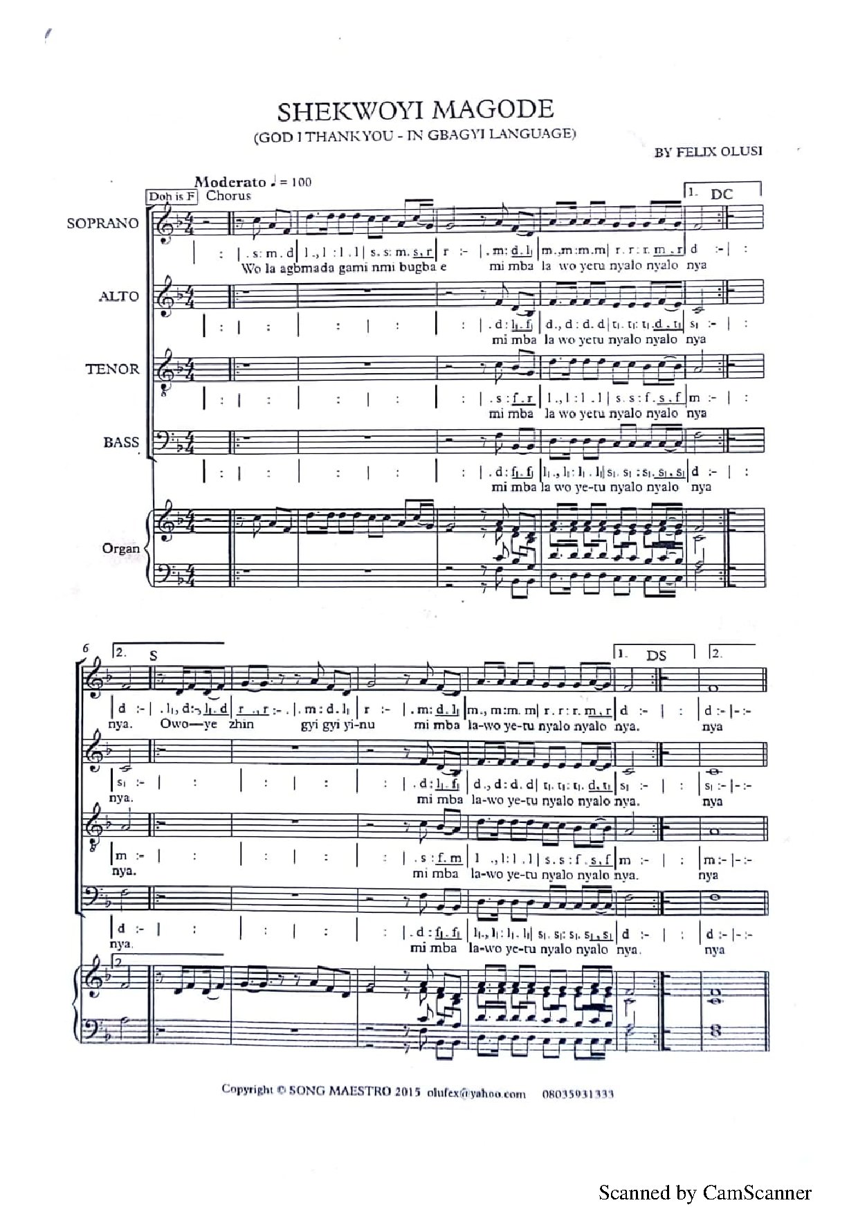 Shekwoyi Magode (god I Thank You ~gbagyi Language)~ Felix Olusi - Download Choir Script PDF