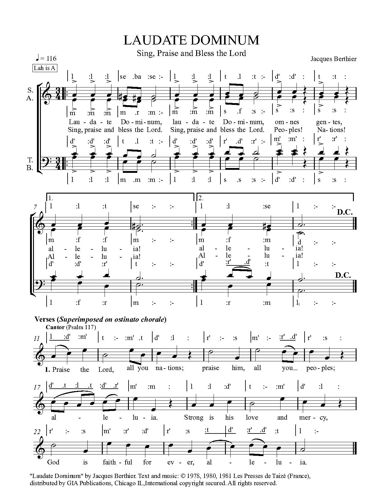 Laudate Dominum (sing, Praise And Bless The Lord) - Jacques Berthier - Download Choir Script PDF