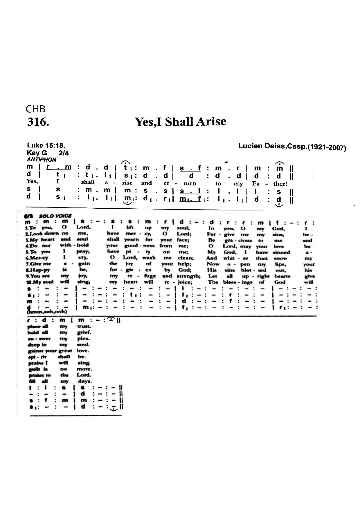 Lent.... Yes I Shall Arise (chb 316) - Download Choir Script PDF