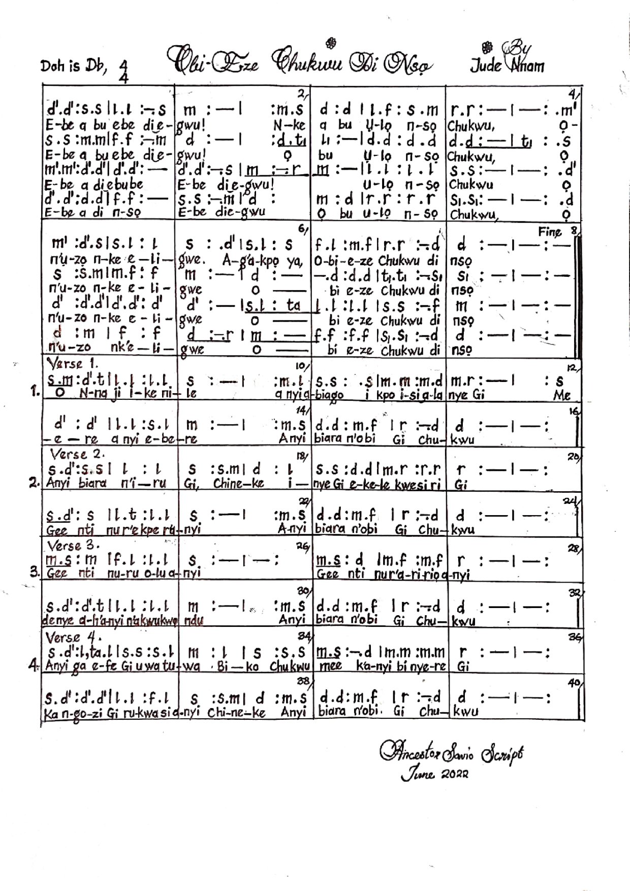 Jude Nnam- Obi-eze Chukwu Di Nso - Download Choir Script PDF