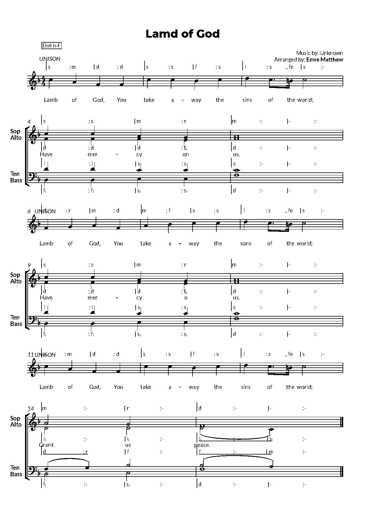 Lamd Of God - Full Score - Download Choir Script PDF