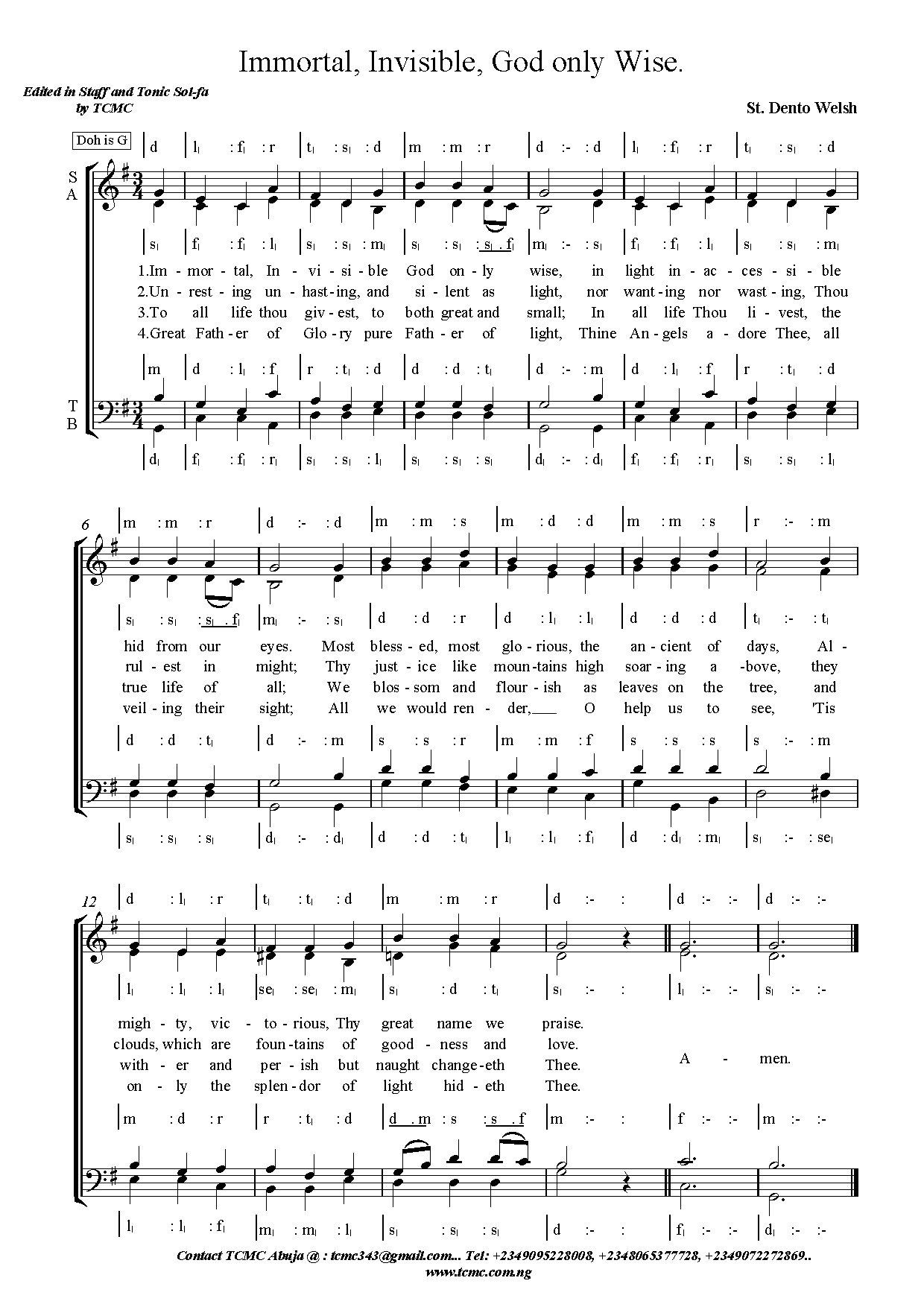 Immortal Invisible God Only Wise - Download Choir Script PDF