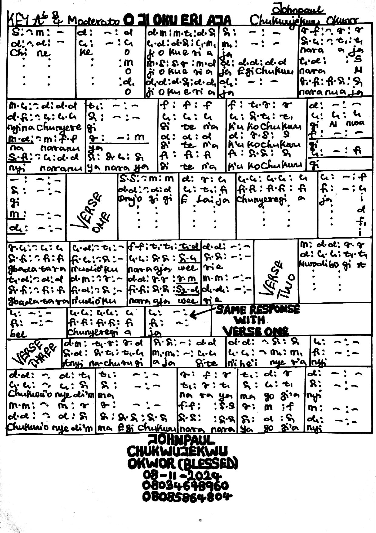 O Ji Oku Eri Aja (consecration) - Download Choir Script PDF