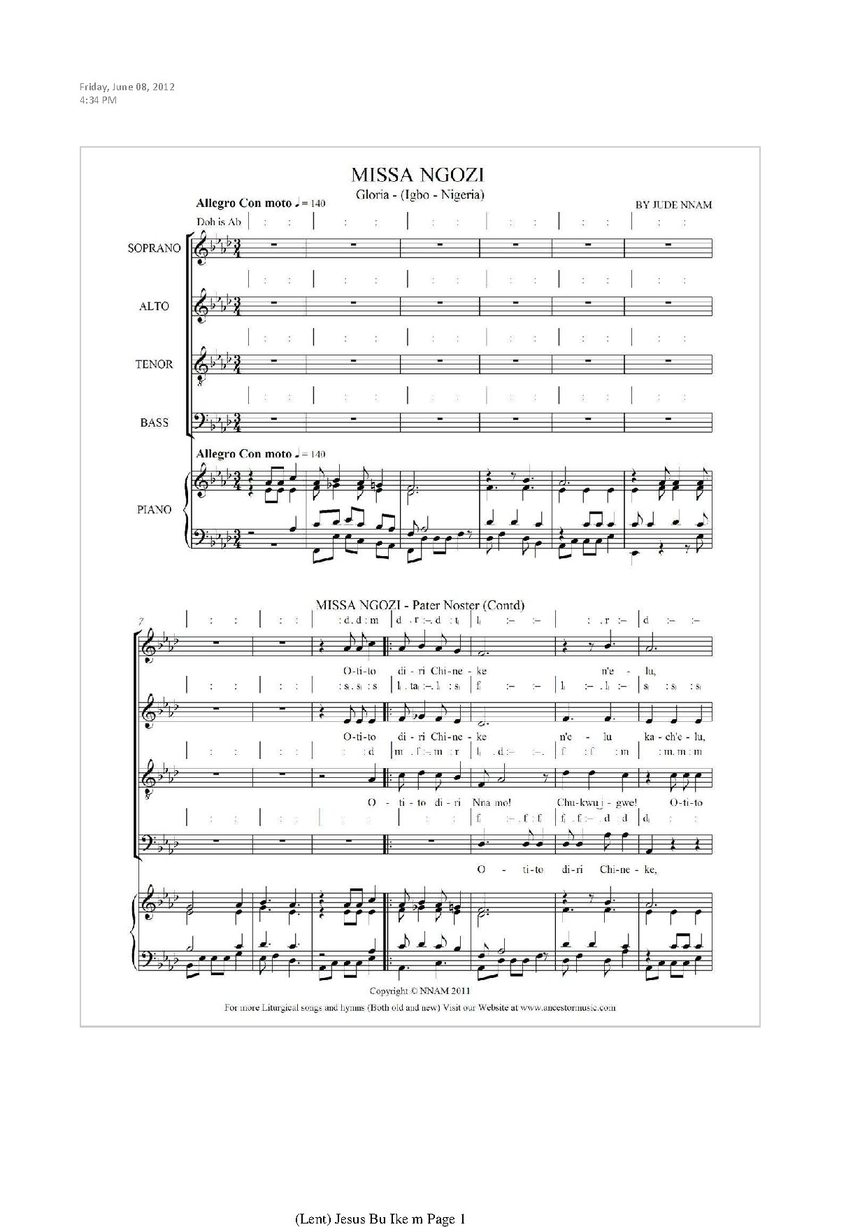 Missa Ngozi - Gloria - Download Choir Script PDF