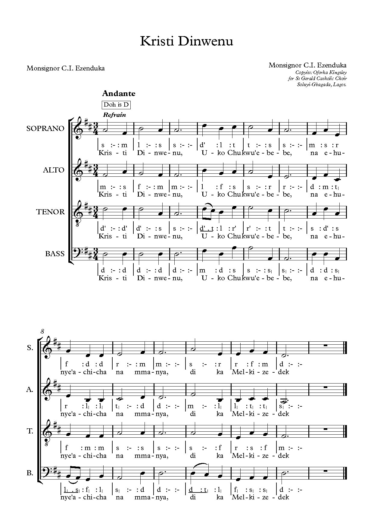 Kristi Dinwenu - Full Score - Download Choir Script PDF