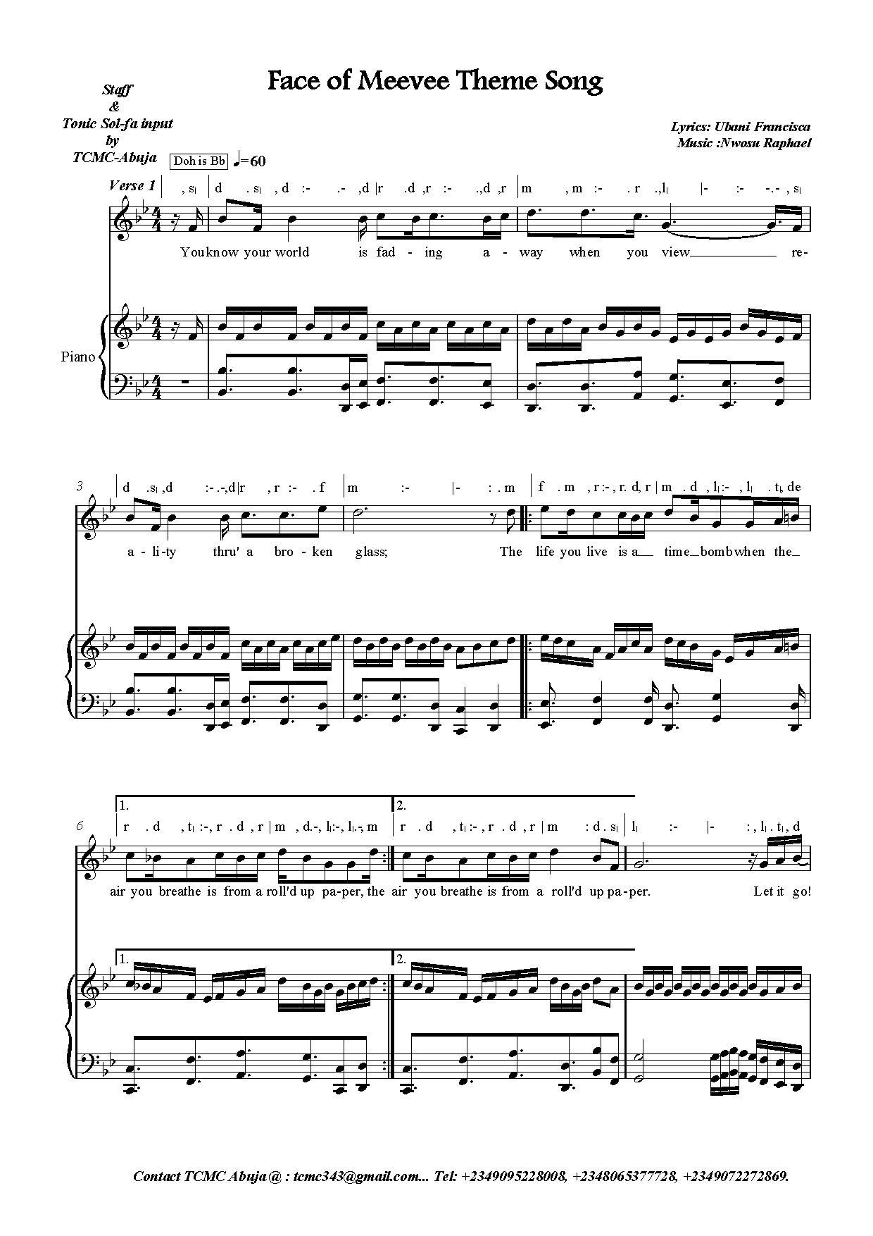 Face Of Meevee Theme Song - Download Choir Script PDF