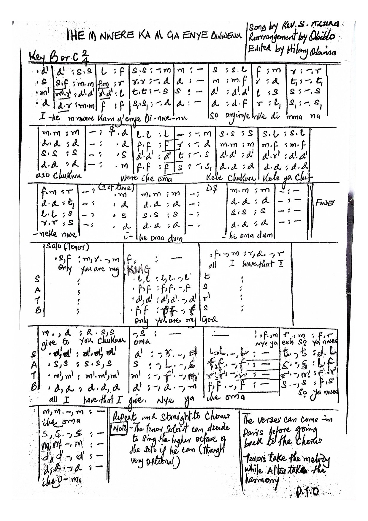 Ihe M Nwere Ka M Ga Enye Dinwenu - Download Choir Script PDF