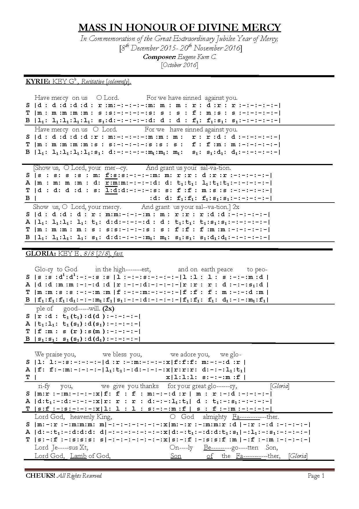 Mass In Honour Of Divine Mercy - Download Choir Script PDF
