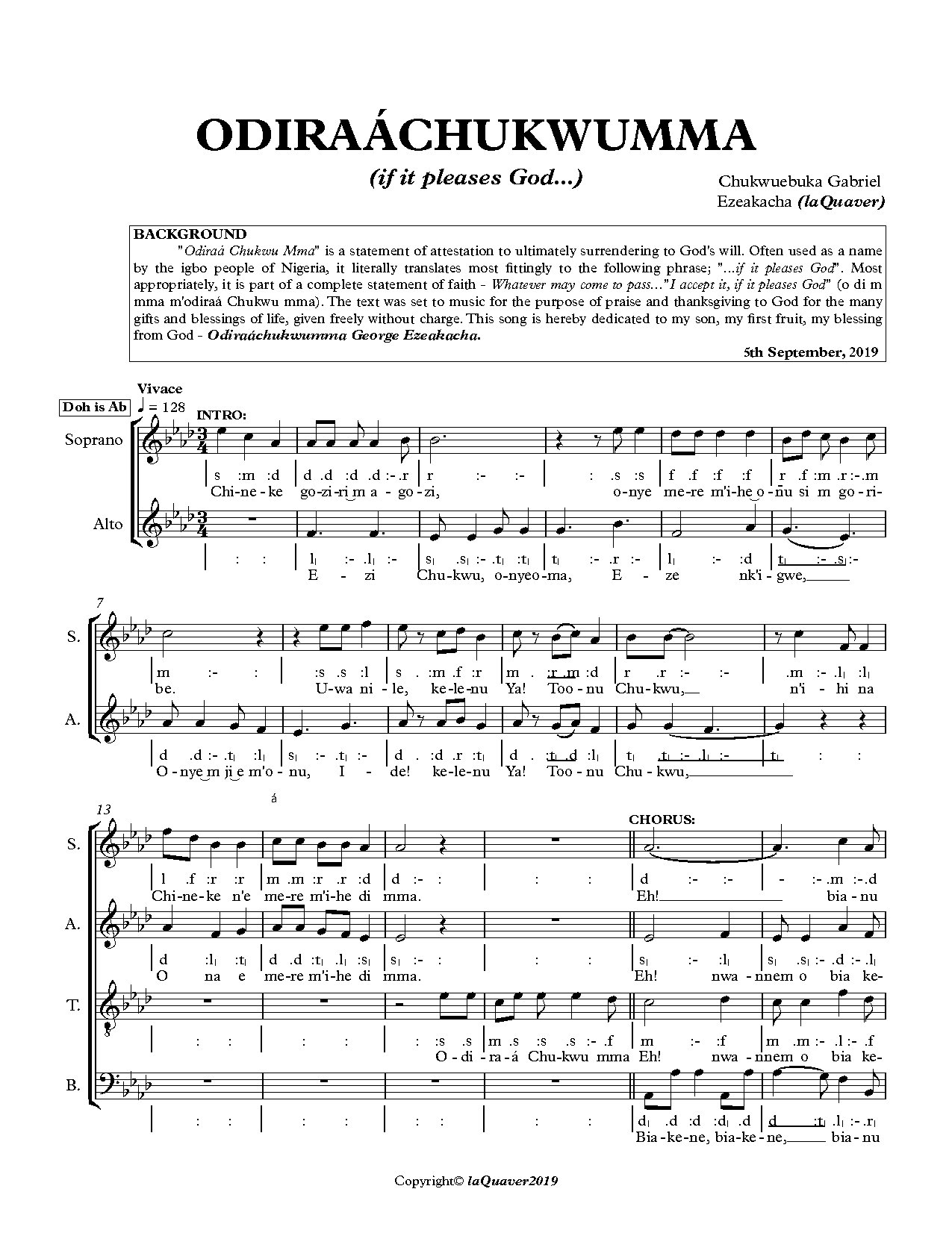 Odiraachukwumma (if It Pleases God) - Download Choir Script PDF