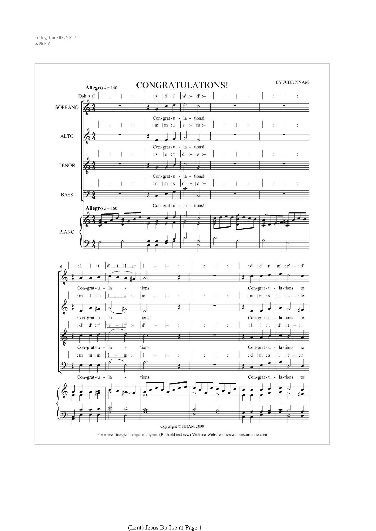 Congratulations By Jude Nnam - Download Choir Script PDF