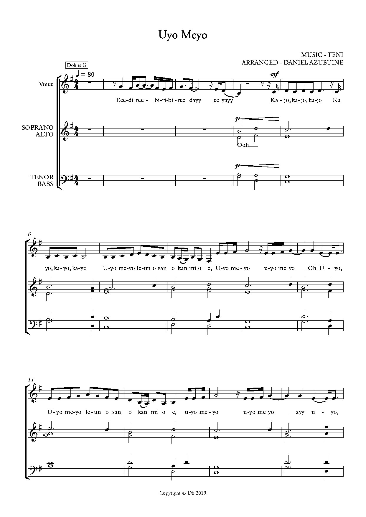 Uyo Meyo - Vocal Score - Full Score - Download Choir Script PDF