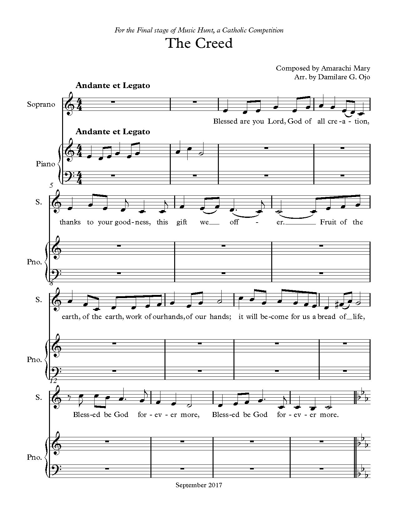 Catholic Song By Amara - Full Score - Download Choir Script PDF