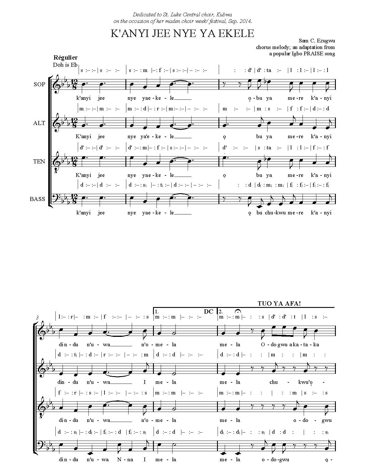 K Anyi Jee Nye Ya Ekele - Download Choir Script PDF