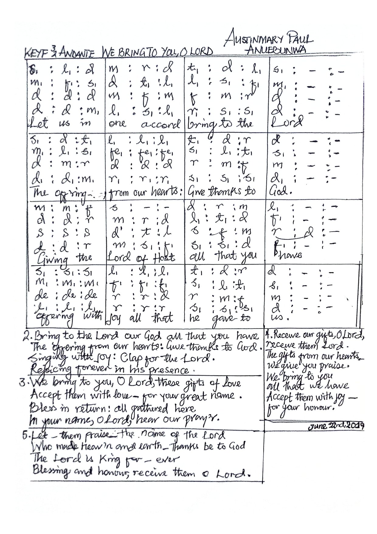 We Bring To You, O Lord(offertory Hymn)by Austinmary Paul Anuebunwa - Download Choir Script PDF