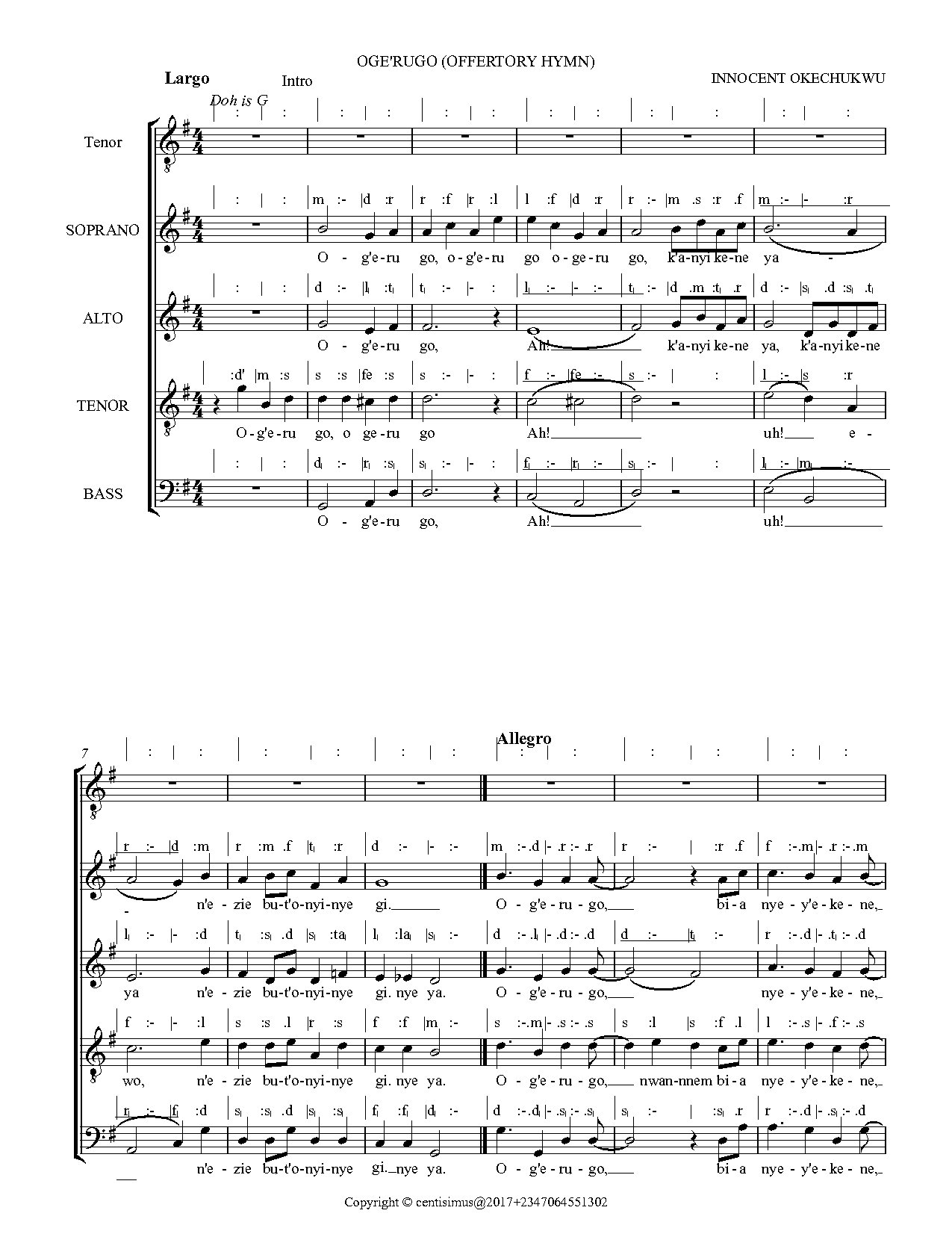 Ogerugo Offertory Solfa - Full Score - Download Choir Script PDF
