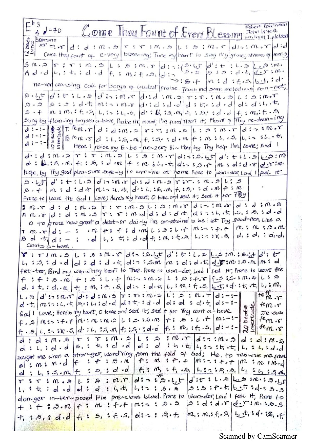 Come Thou Fount Of Every Blessing Irvin - Download Choir Script PDF