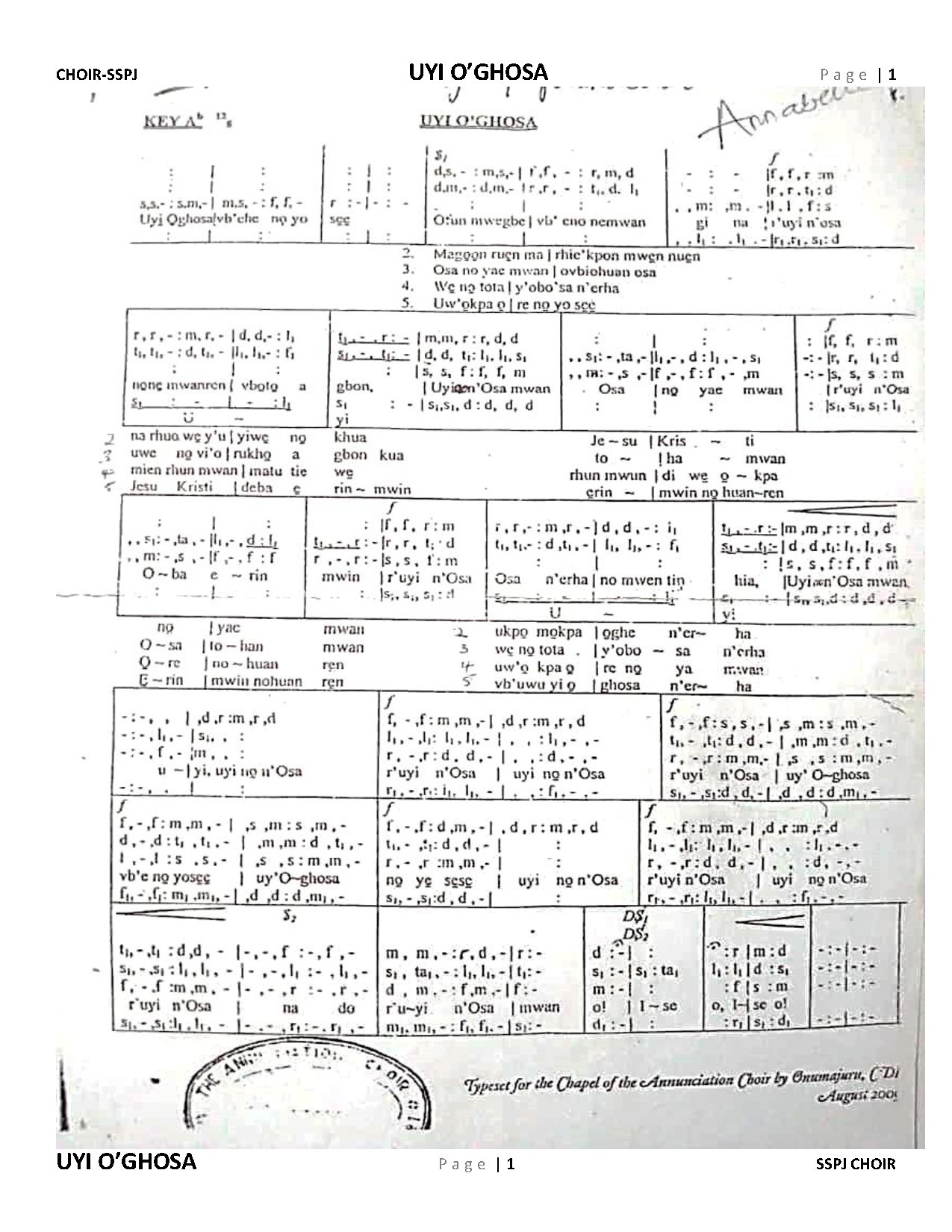 Uyi O Ghosa V3 - Gloria - Edo Bini Esan - Download Choir Script PDF