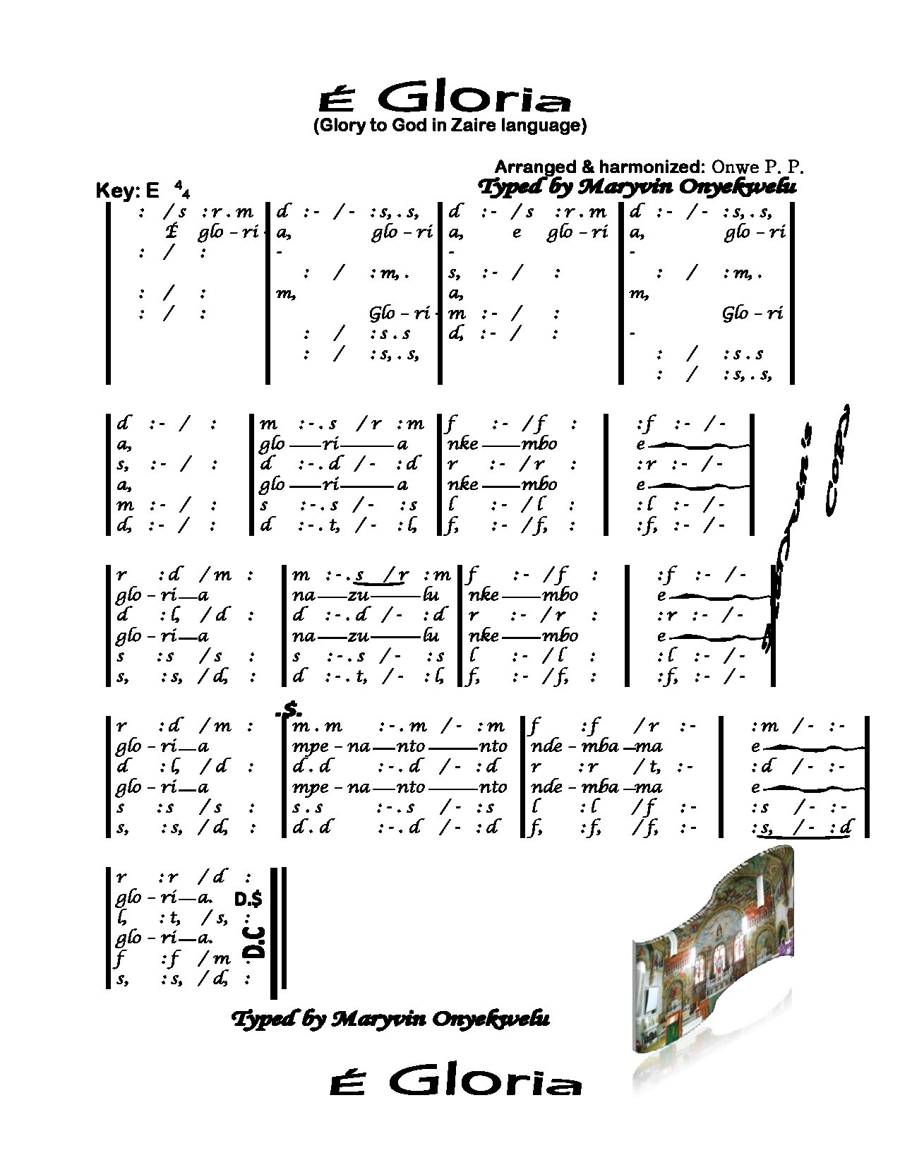 E Gloria - Glory To God In Zaire Language - Download Choir Script PDF
