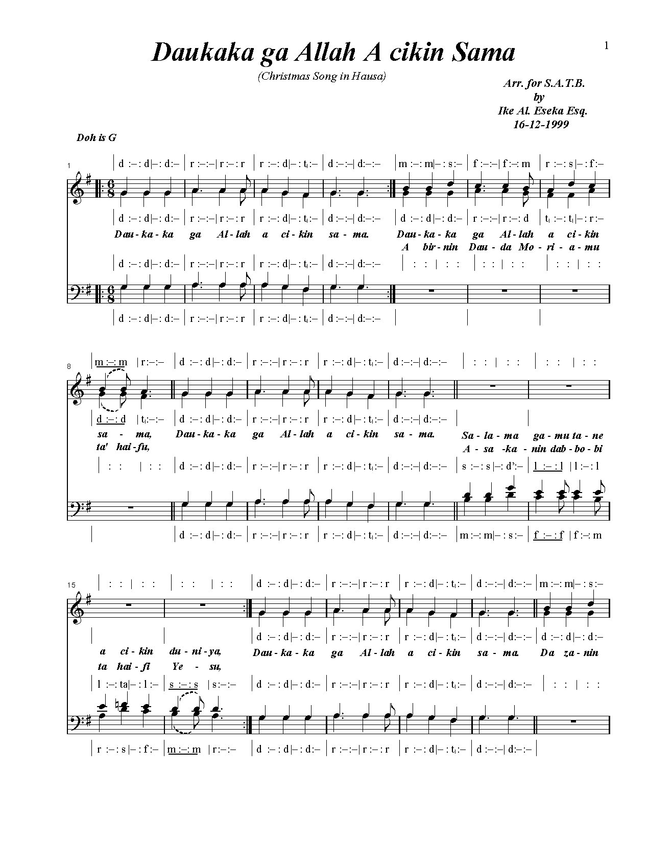 Daukaka Ga Allah Eseka - Download Choir Script PDF