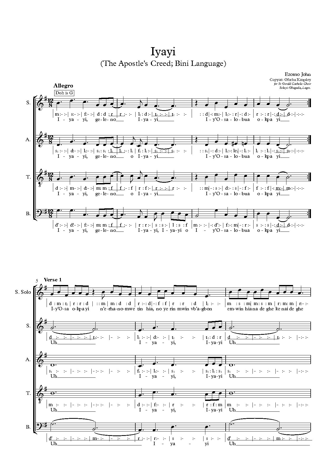 Iyayi (i Believe) - Full Score - Download Choir Script PDF