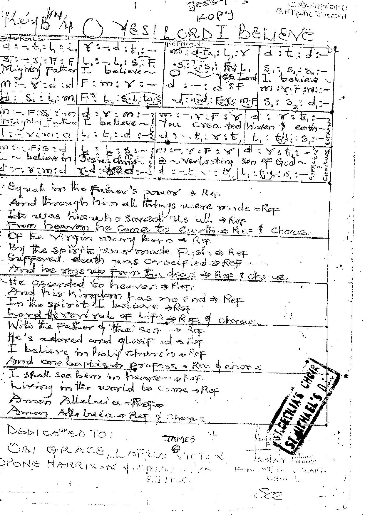 O Yes Lord I Believe - Download Choir Script PDF
