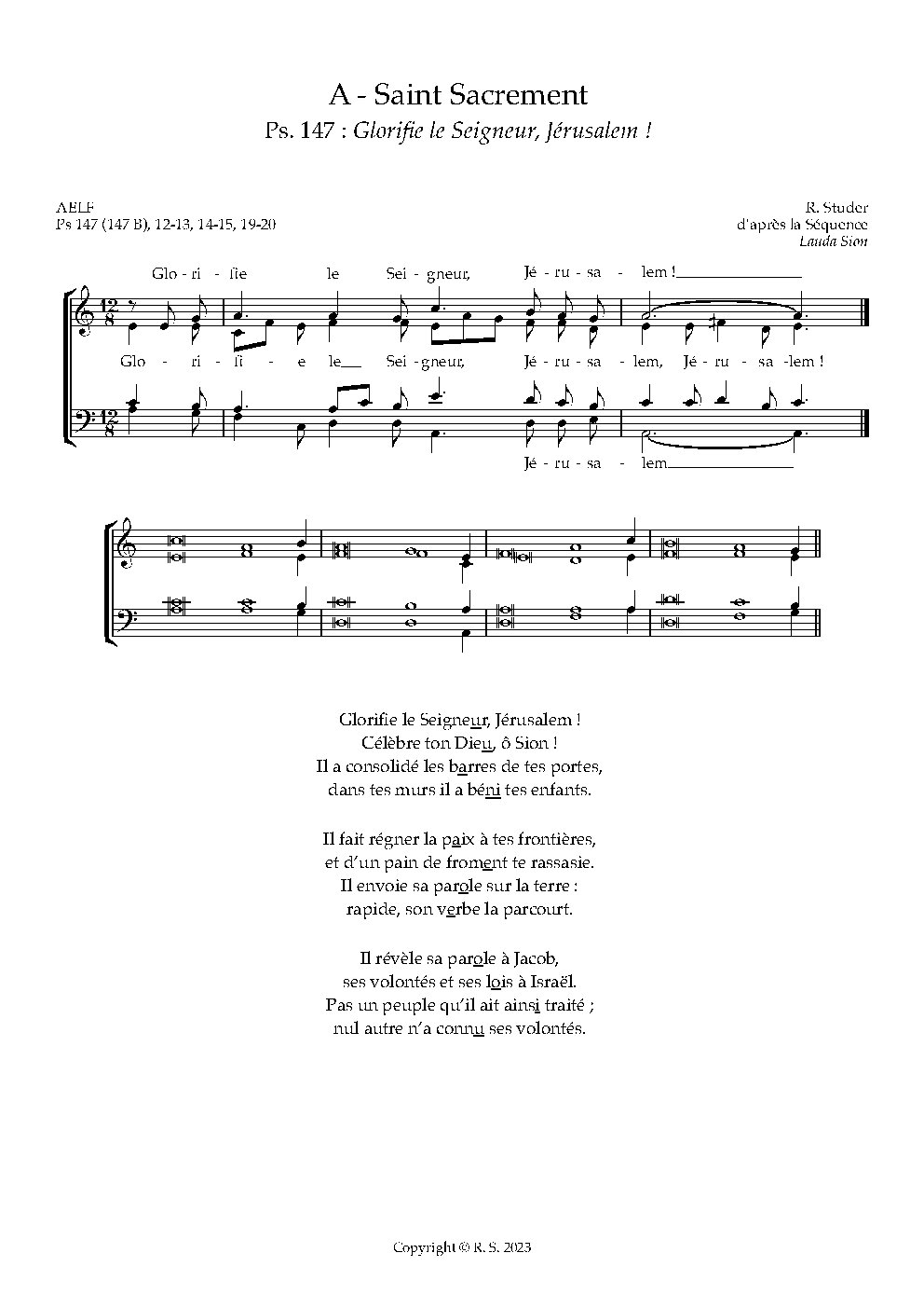 A - St. Sacrement : Ps. 147 : Glorifie le Seigneur, Jerusalem - Choir Script PDF Thumbnail