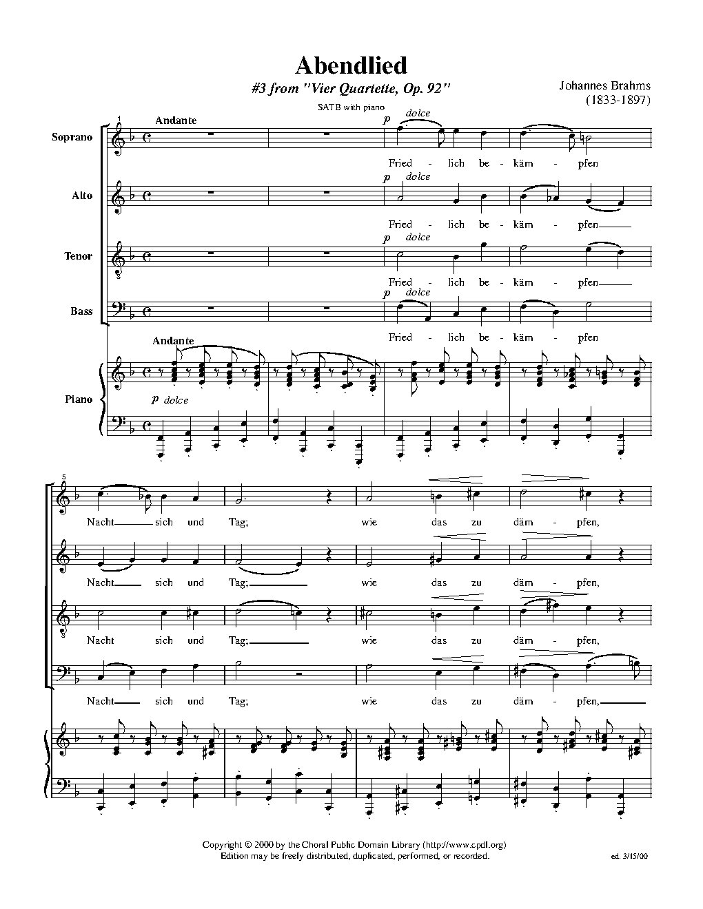 Abendlied, Op. 92, No. 3 - Choir Script PDF Thumbnail