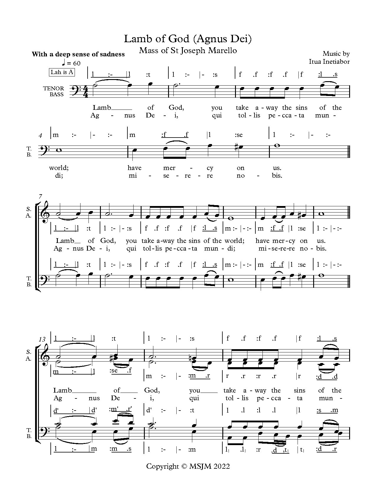 Lamb Of God (agnus Dei) - Mass Of St Joseph Marello - Download Choir Script PDF