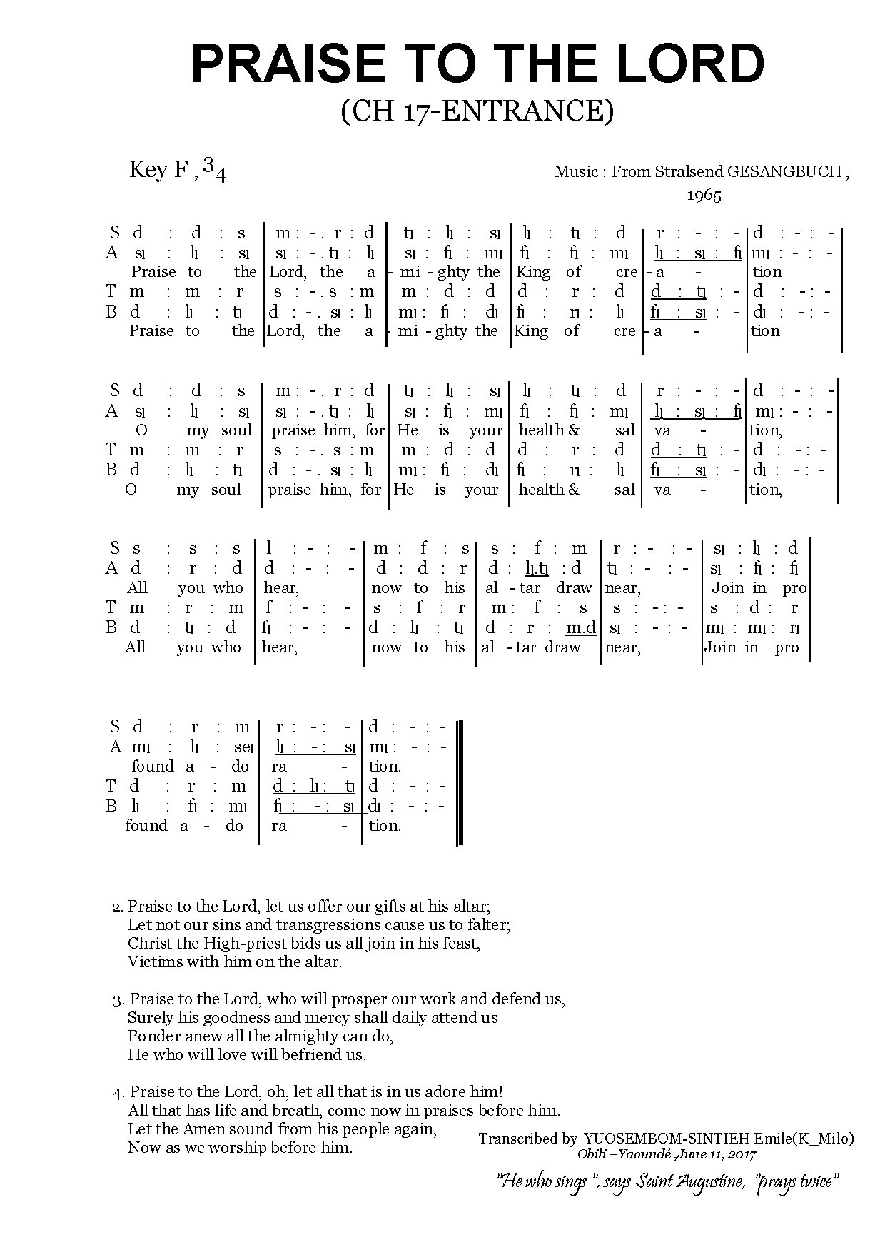 Praise To The Lord(entrance) - Download Choir Script PDF