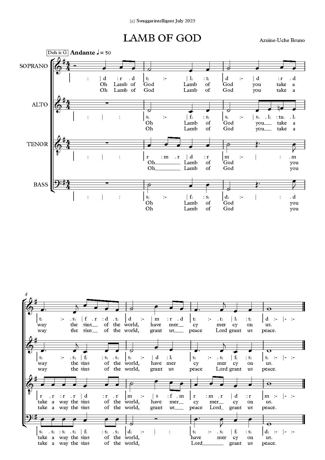 Lamb Of God July 2023 - Full Score - Download Choir Script PDF