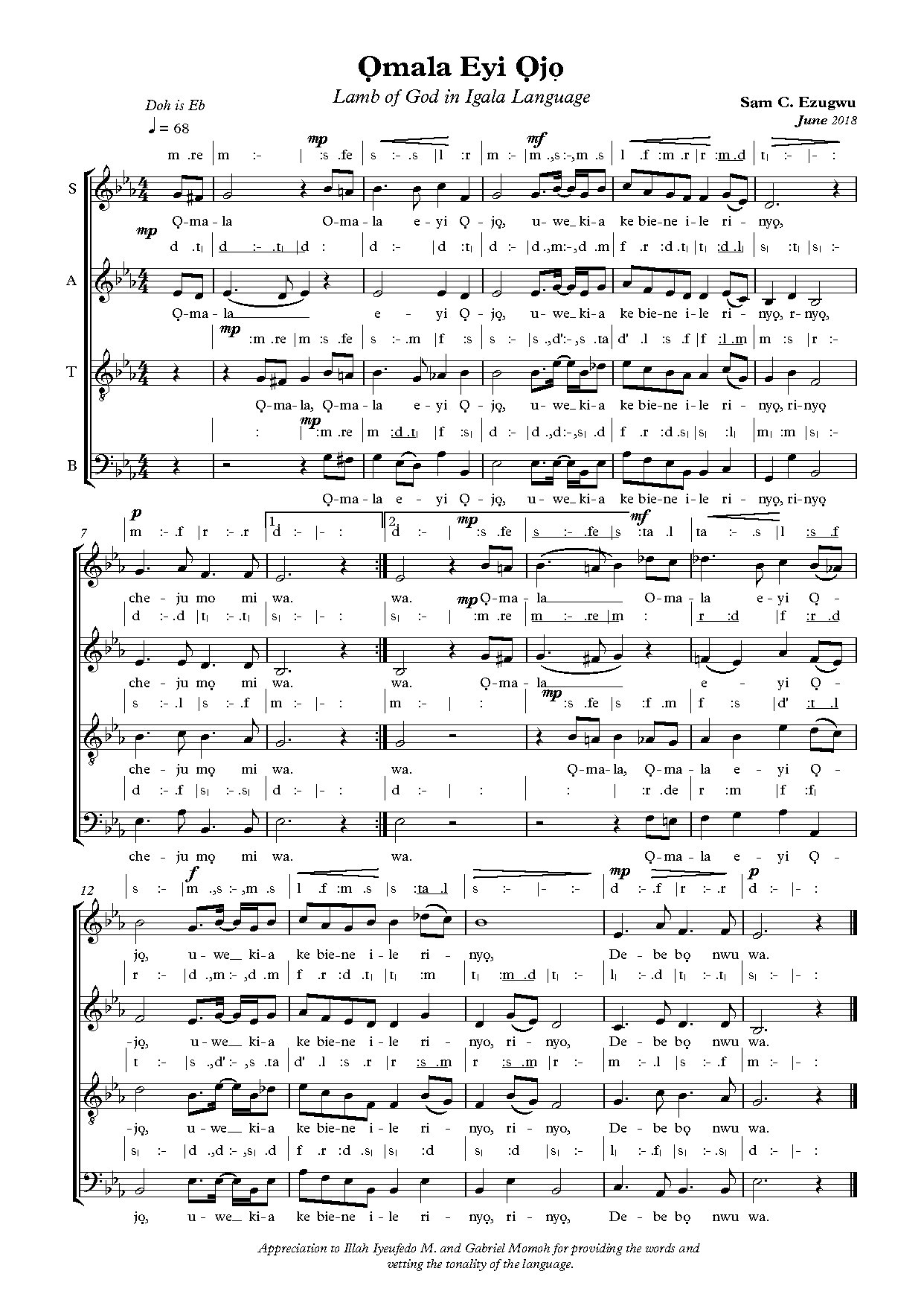 Omala Eyi Ojo - Full Score - Download Choir Script PDF